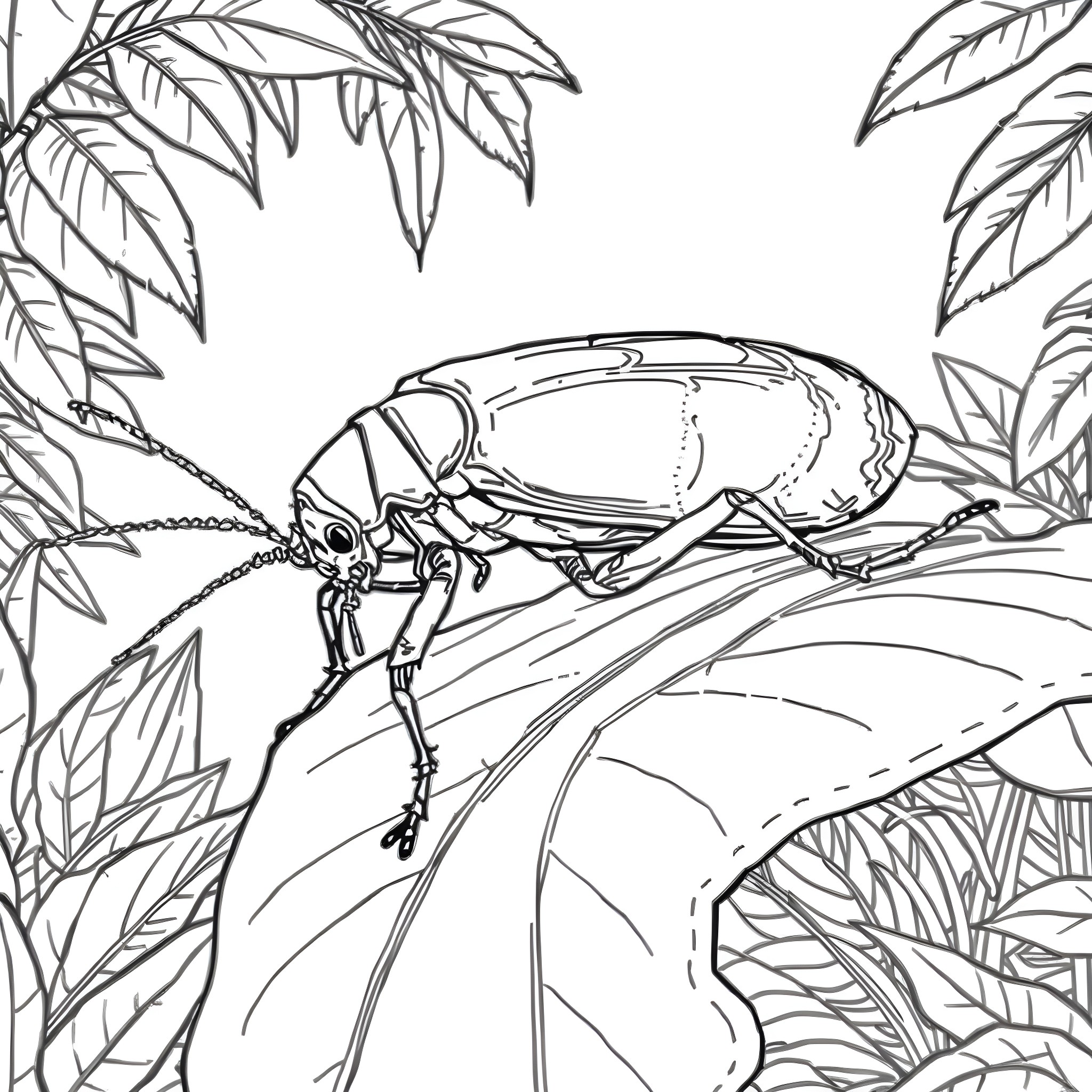Cockroach exploring the lush foliage Coloring Page (free black-and-white line drawing printable PDF for all, from beginners to advanced learners, including children, teens, adults, and seniors)