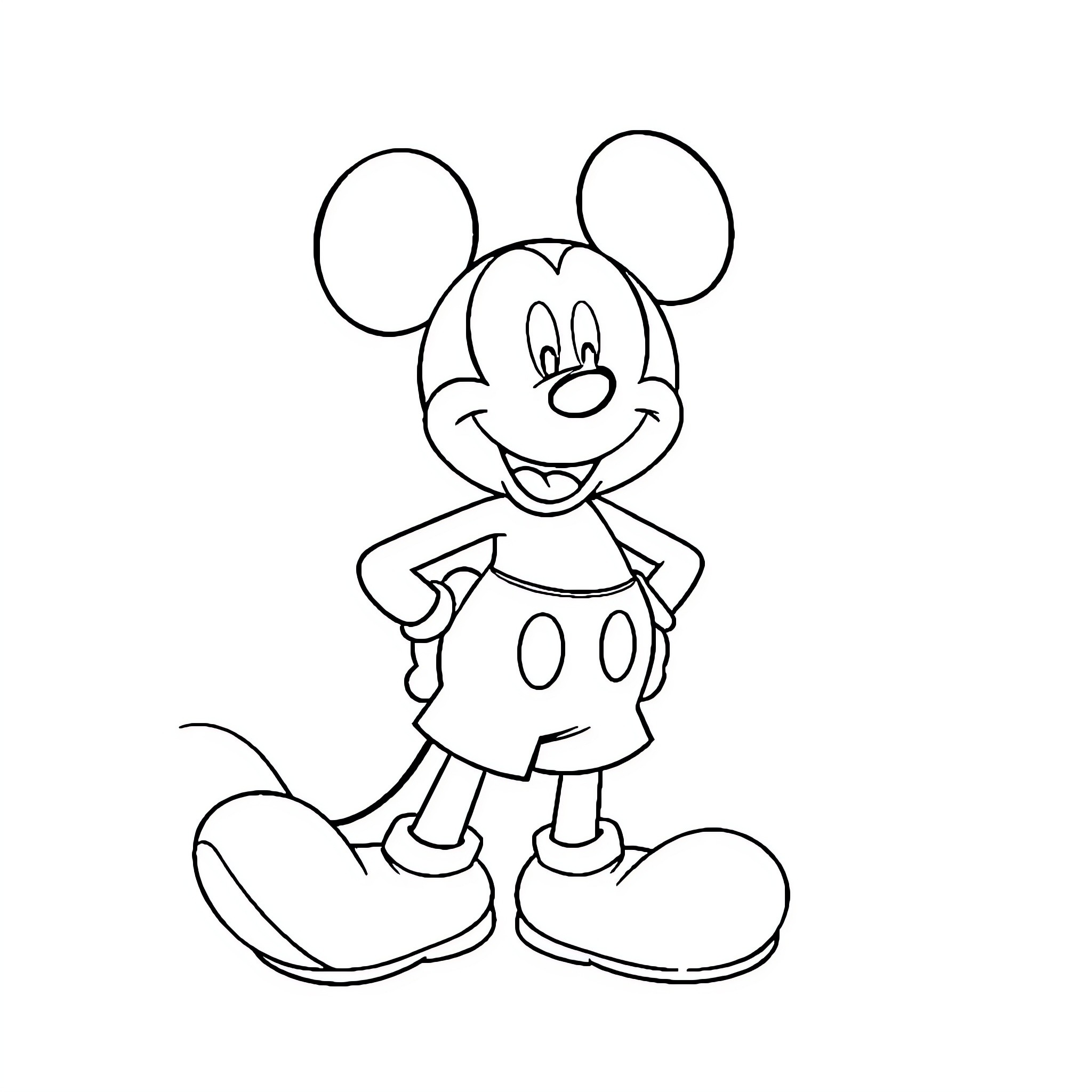 Mickey Mouse smiling and posing Coloring Page (free black-and-white line drawing printable PDF for all, from beginners to advanced learners, including children, teens, adults, and seniors)