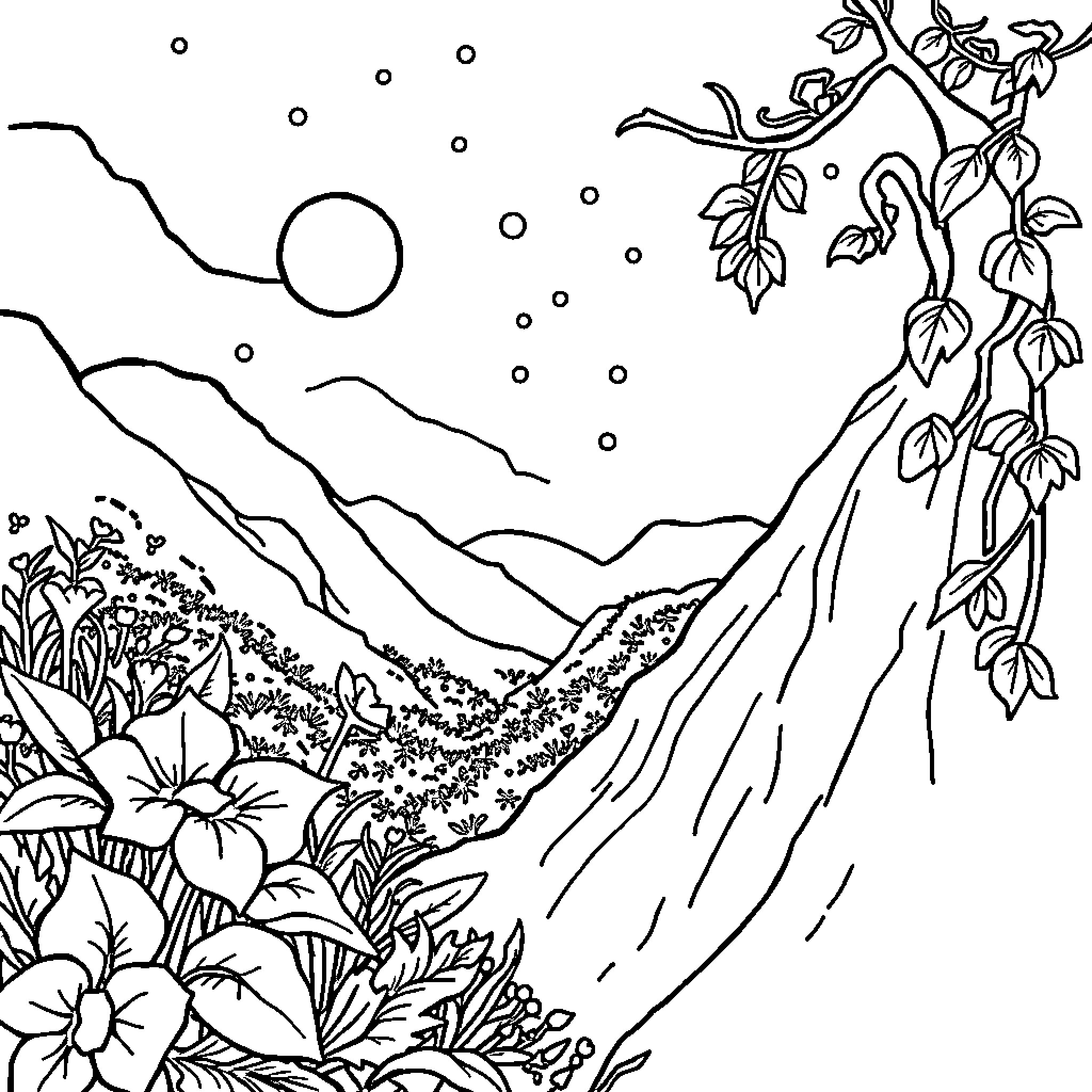 Food for Thought: Tranquil Nature Scene Coloring Page (free black-and-white line drawing printable PDF for all, from beginners to advanced learners, including children, teens, adults, and seniors)