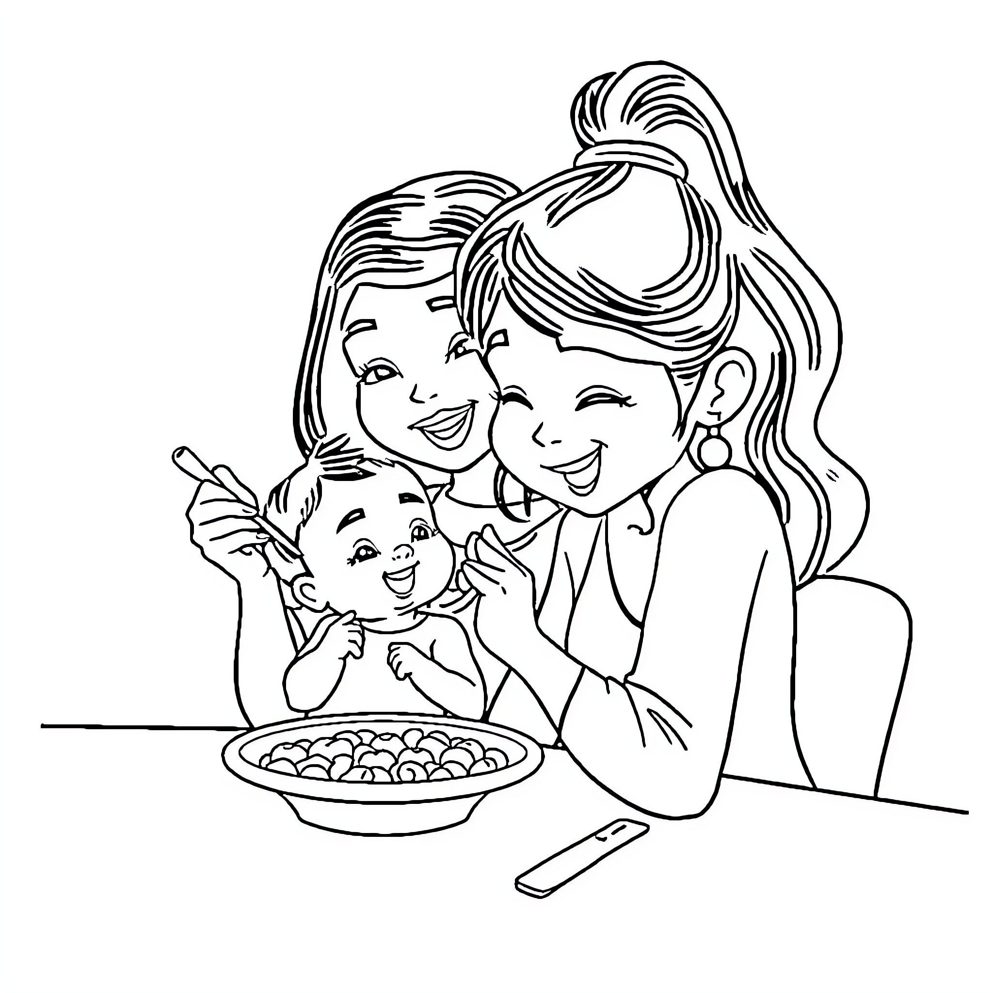 Fritas Khalo - Family enjoying snack together Coloring Page (free black-and-white line drawing printable PDF for all, from beginners to advanced learners, including children, teens, adults, and seniors)