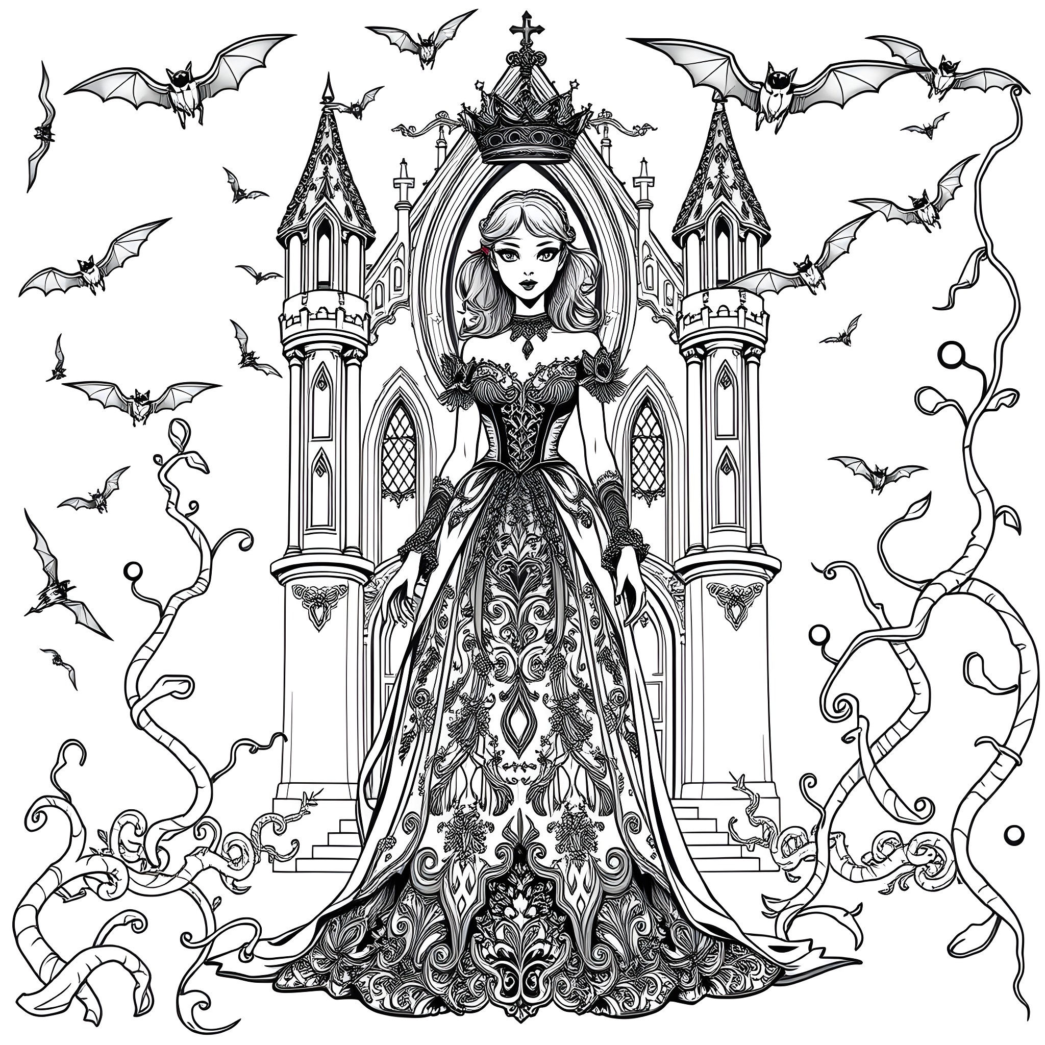 Princess in Elaborate Gothic Gown with Castle and Bats Coloring Page (free black-and-white line drawing printable PDF for all, from beginners to advanced learners, including children, teens, adults, and seniors)