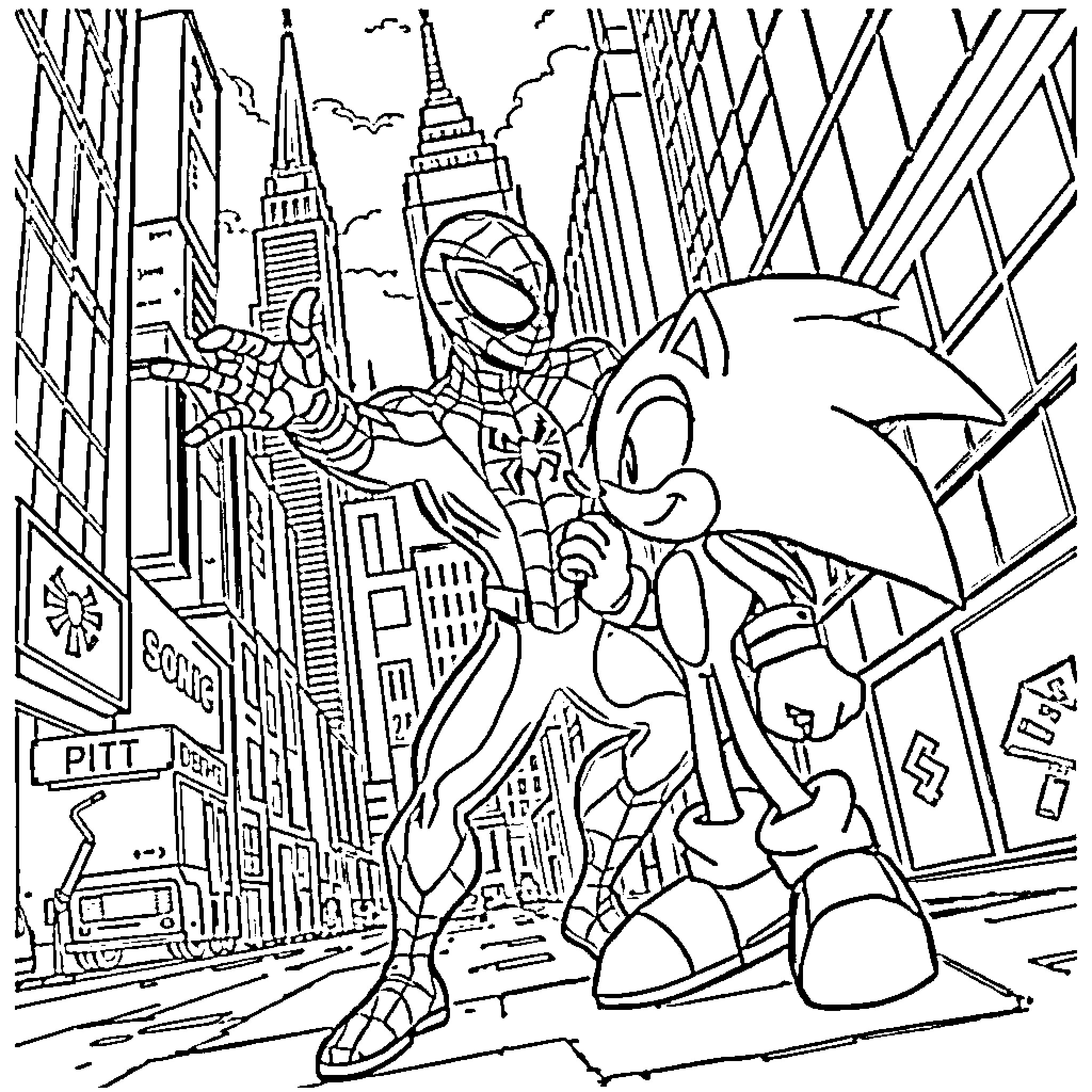 Spiderman swinging through the city streets Coloring Page (free black-and-white line drawing printable PDF for all, from beginners to advanced learners, including children, teens, adults, and seniors)