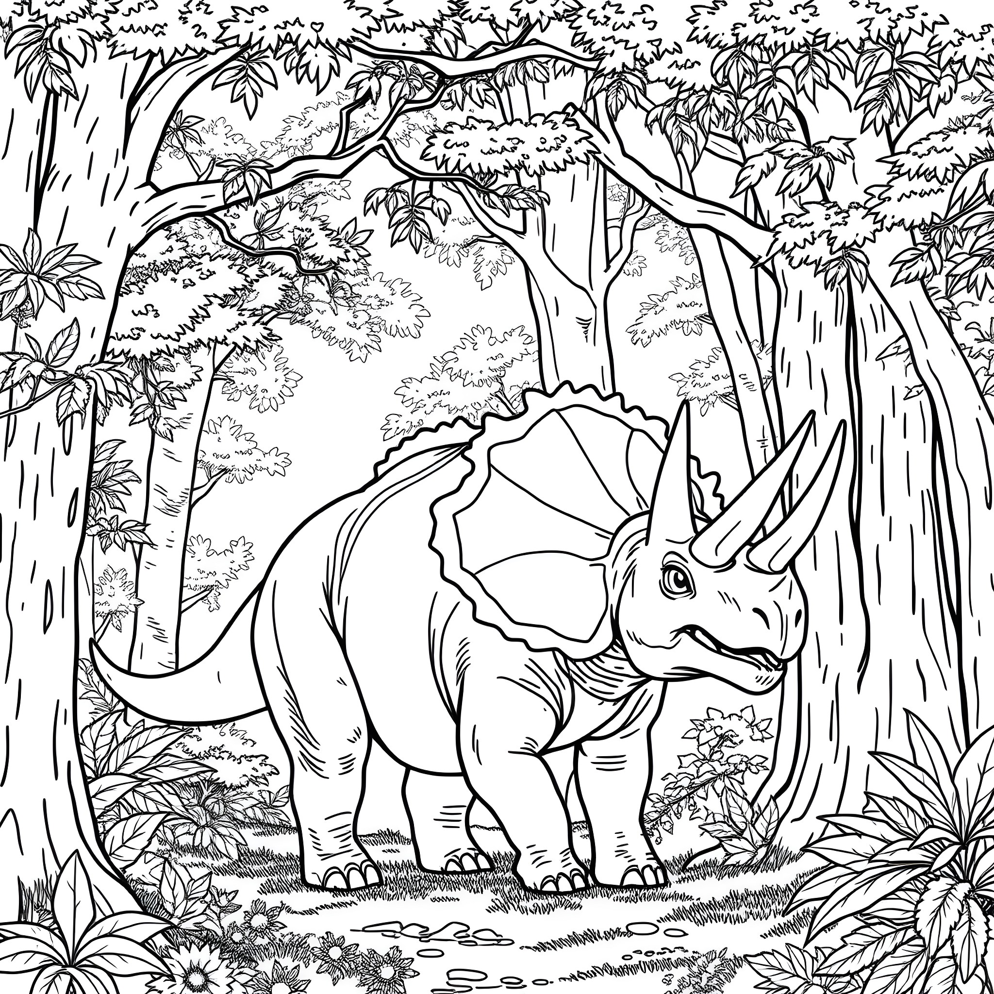 Triceratops in the Lush Jungle Landscape Coloring Page (free black-and-white line drawing printable PDF for all, from beginners to advanced learners, including children, teens, adults, and seniors)