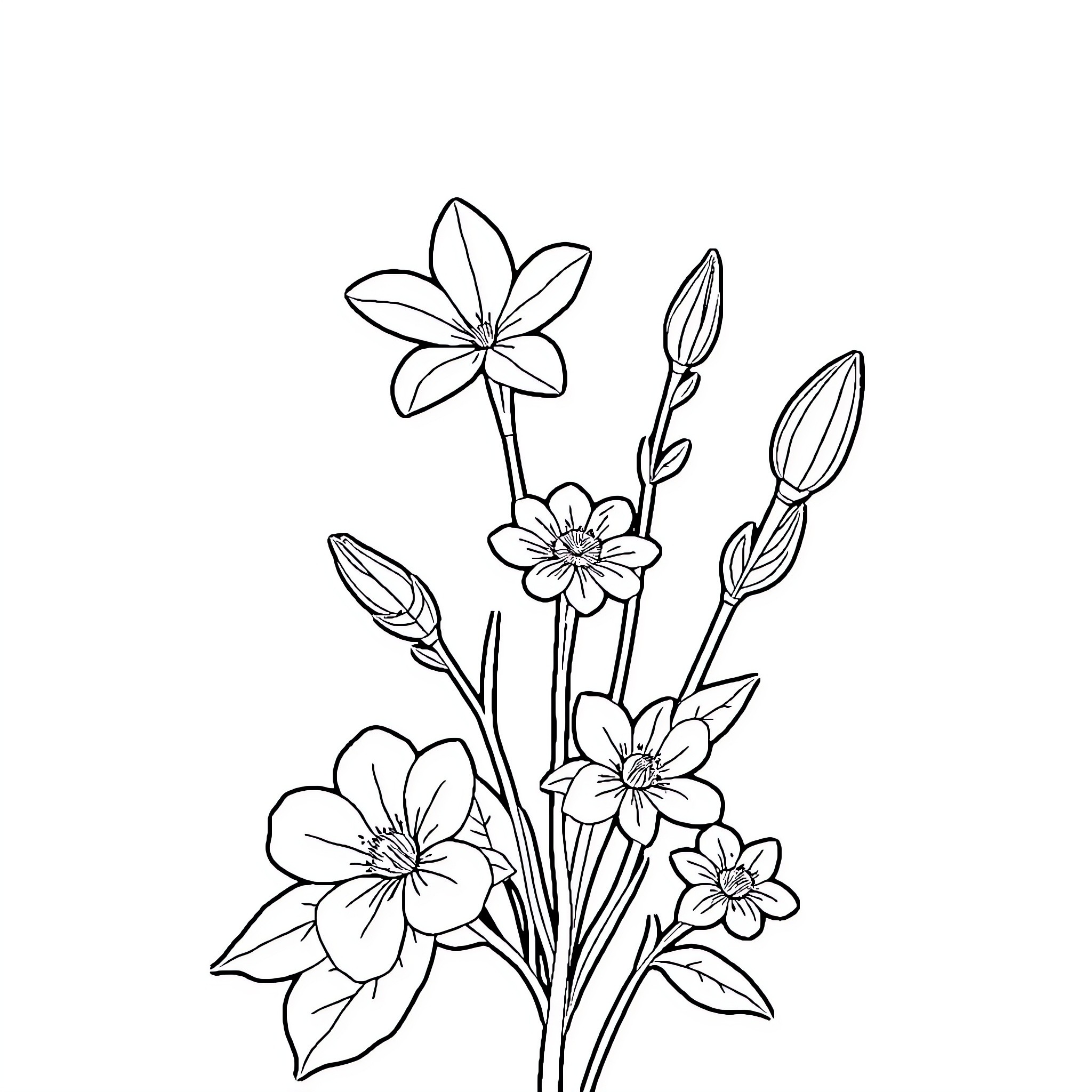 Botanic Floral Arrangement with Blooming Flowers Coloring Page (free black-and-white line drawing printable PDF for all, from beginners to advanced learners, including children, teens, adults, and seniors)
