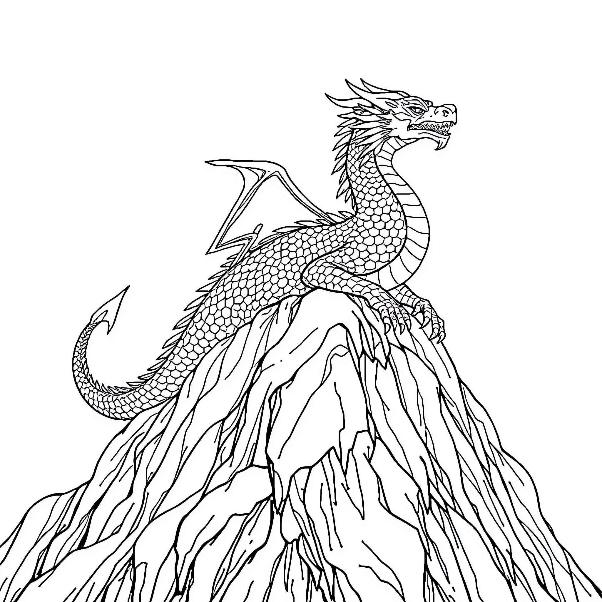 Dragon soaring above majestic mountain peaks Coloring Page (free black-and-white line drawing printable PDF for all, from beginners to advanced learners, including children, teens, adults, and seniors)