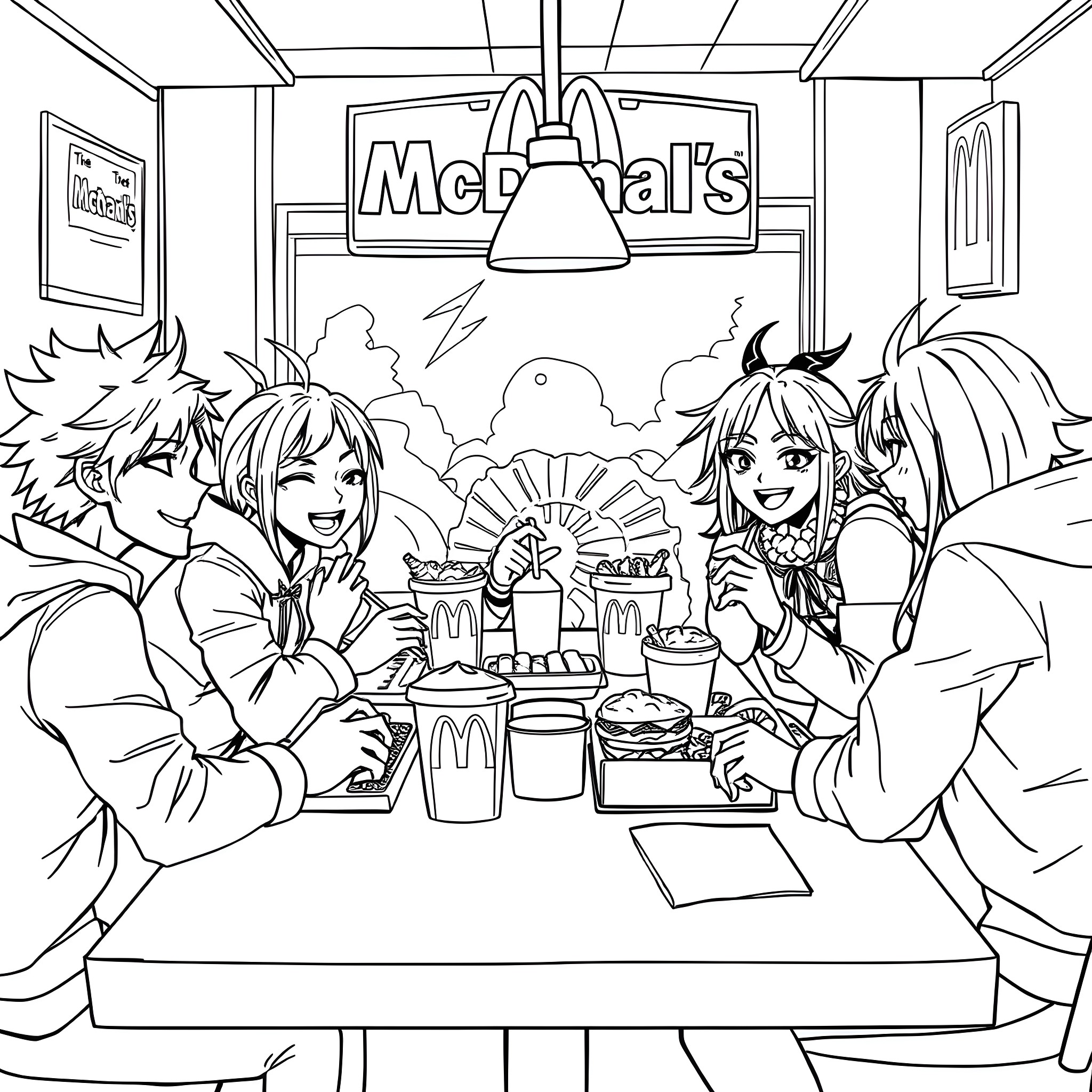 Demon Slayer characters enjoying a meal at McDonald's Coloring Page (free black-and-white line drawing printable PDF for all, from beginners to advanced learners, including children, teens, adults, and seniors)