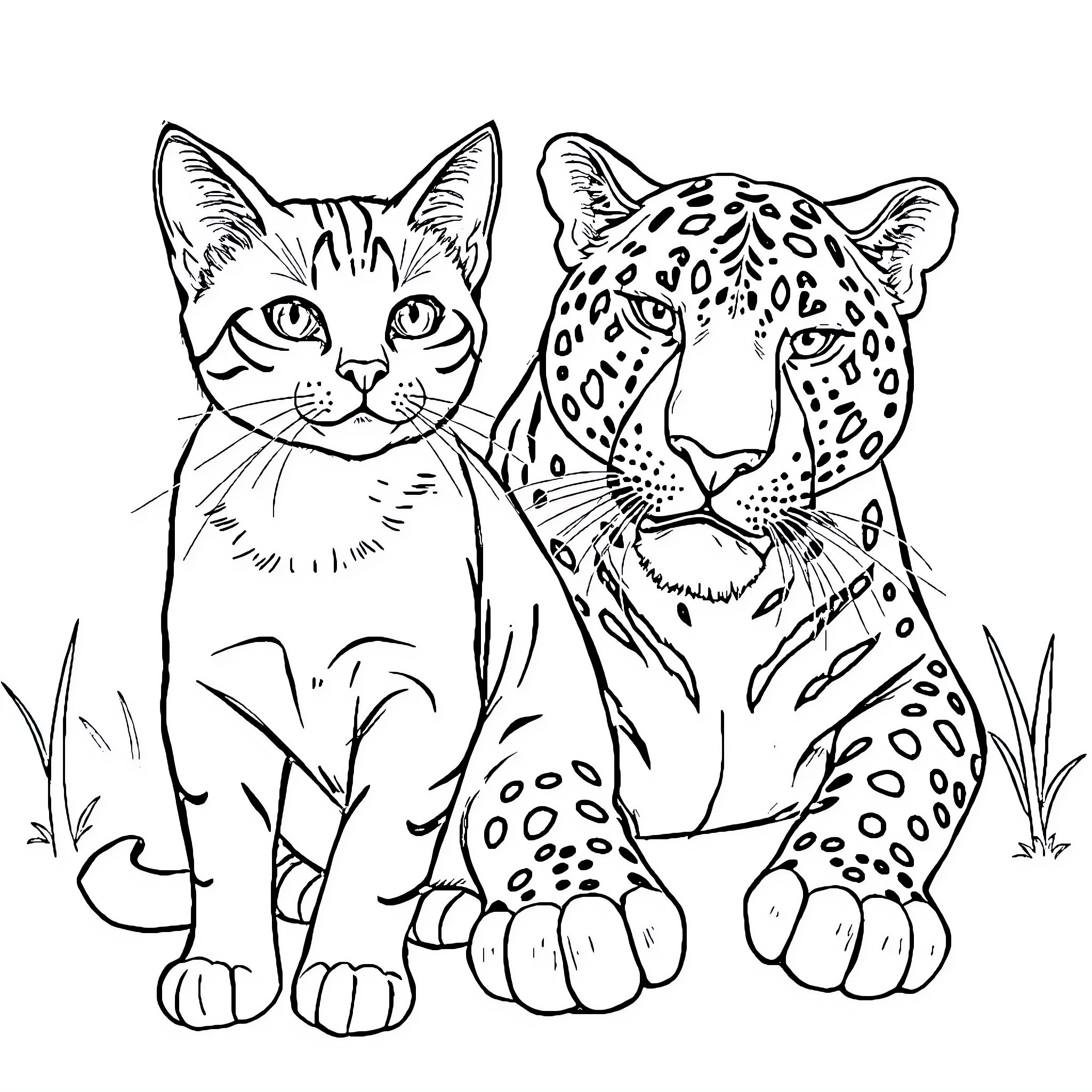 Cat and Jaguar in the Wild Coloring Page (free black-and-white line drawing printable PDF for all, from beginners to advanced learners, including children, teens, adults, and seniors)