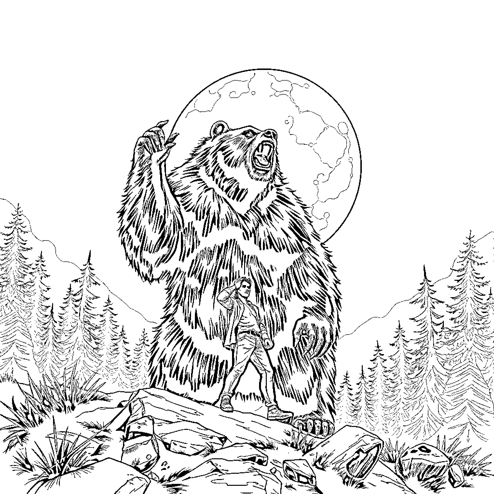 Werebear howling under the full moon Coloring Page (free black-and-white line drawing printable PDF for all, from beginners to advanced learners, including children, teens, adults, and seniors)