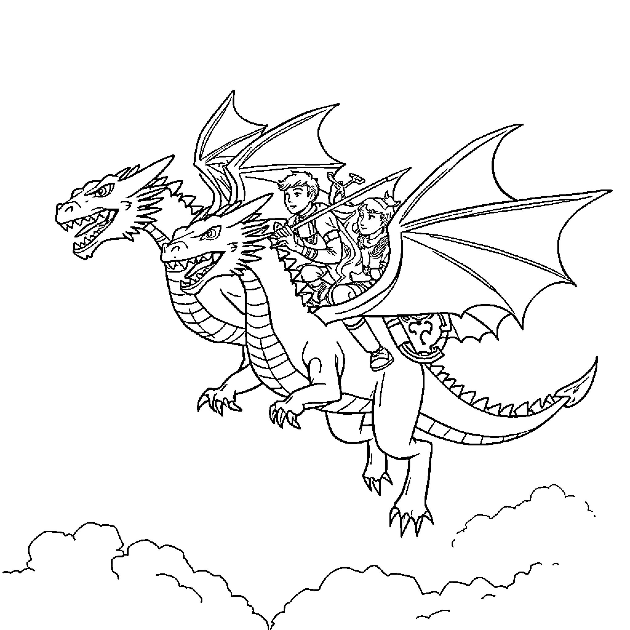 Dragon riding a fierce dragon in the sky Coloring Page (free black-and-white line drawing printable PDF for all, from beginners to advanced learners, including children, teens, adults, and seniors)