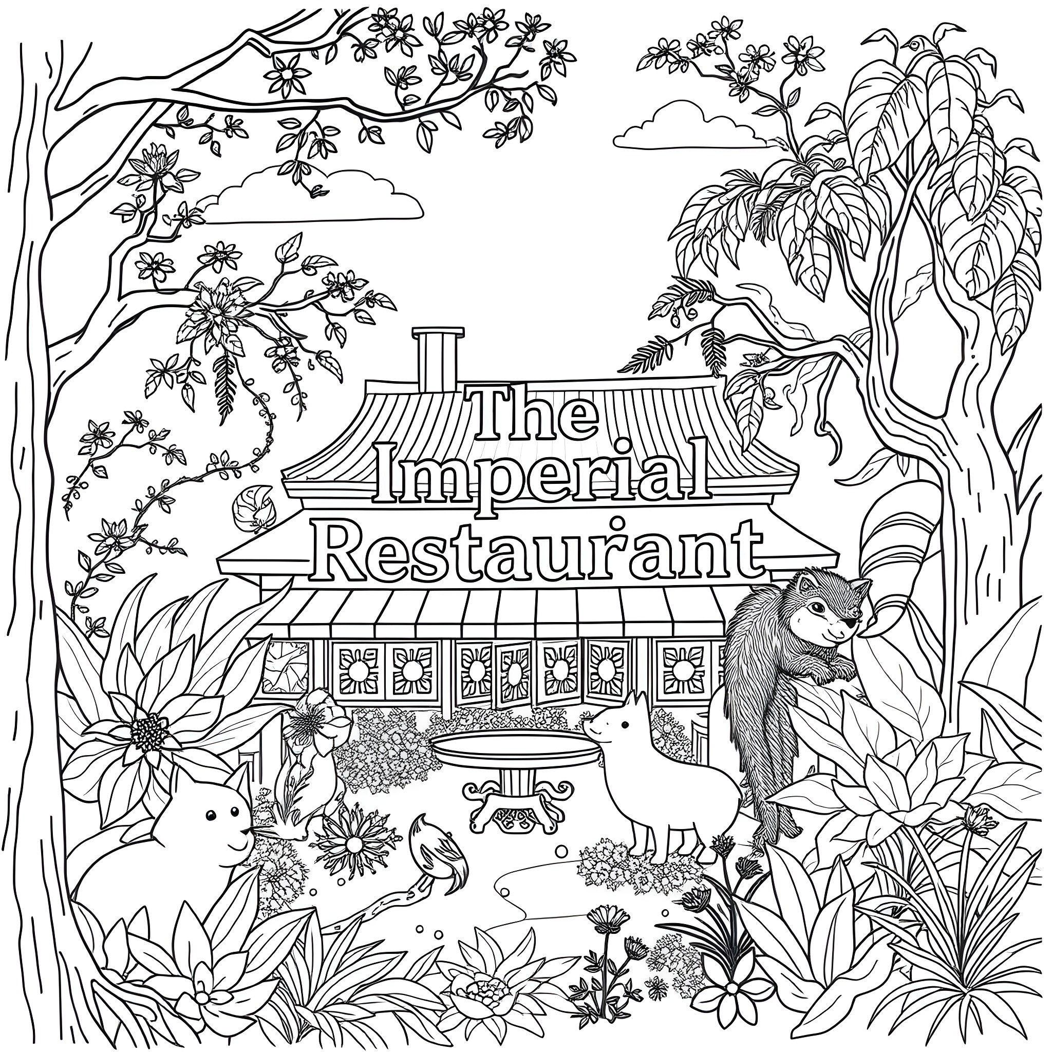 Imperial Restaurant in a Lush Outdoor Setting Coloring Page (free black-and-white line drawing printable PDF for all, from beginners to advanced learners, including children, teens, adults, and seniors)
