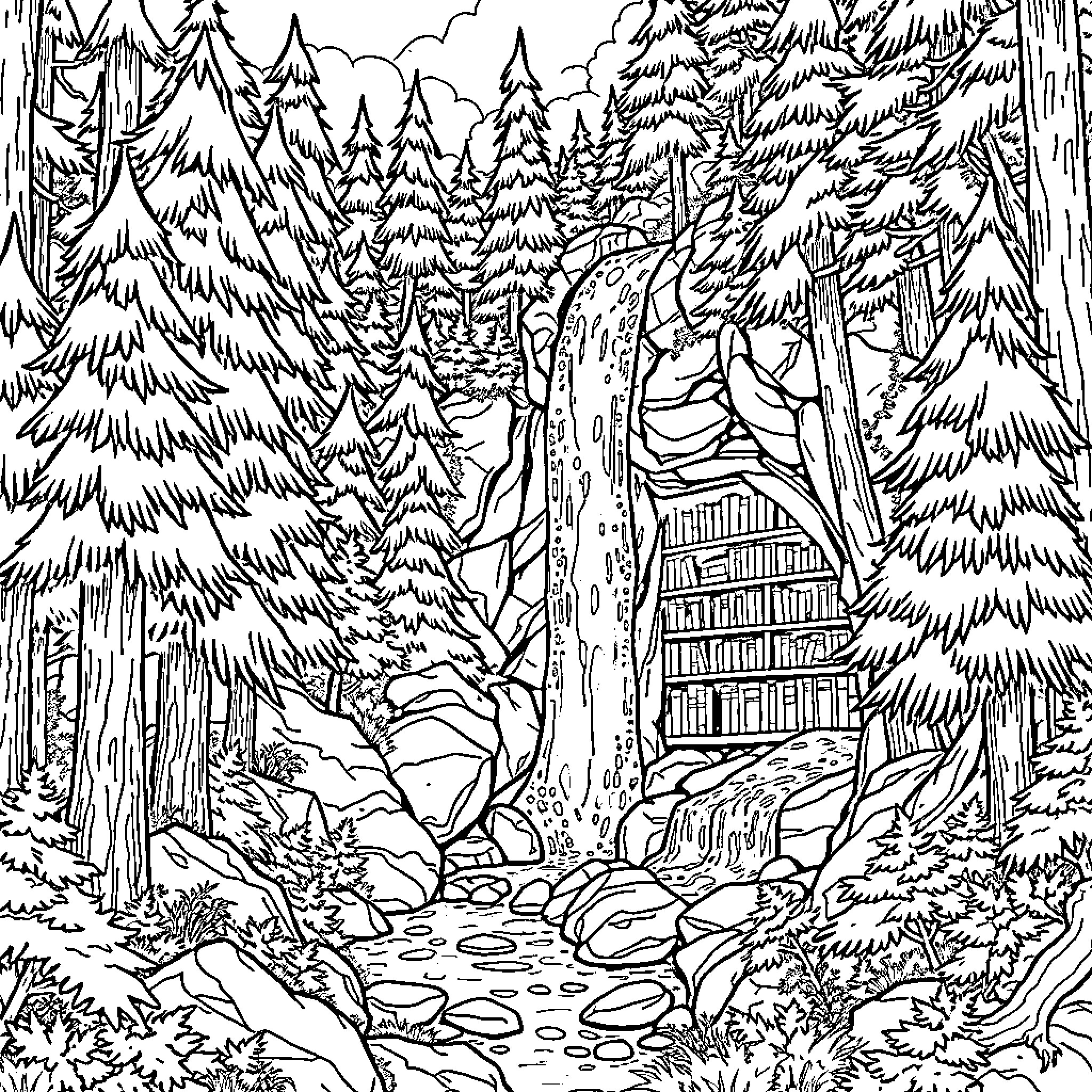 Forest Landscape with Waterfall and Lodge Coloring Page (free black-and-white line drawing printable PDF for all, from beginners to advanced learners, including children, teens, adults, and seniors)