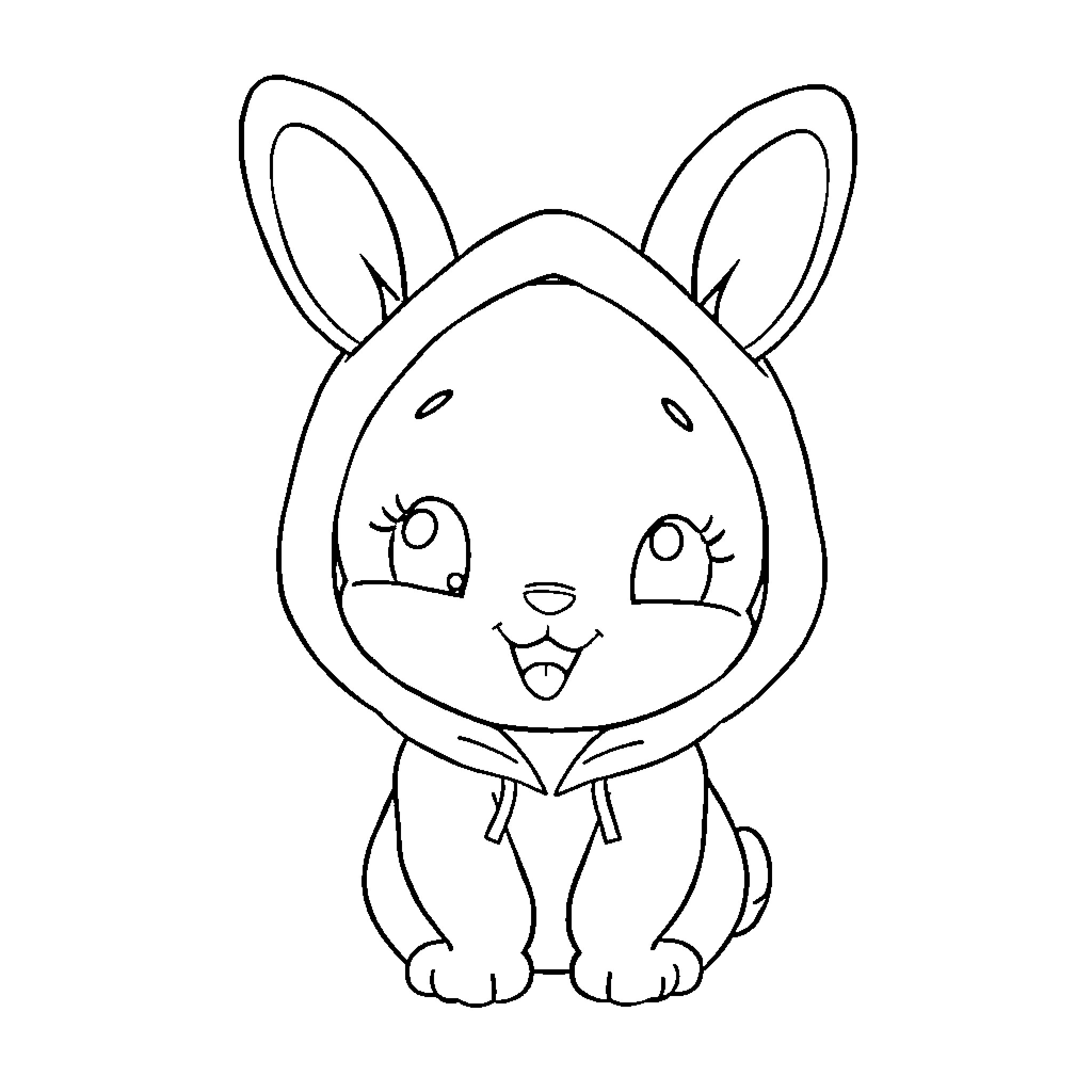 My Melody Cute Bunny Sitting Happily Coloring Page (free black-and-white line drawing printable PDF for all, from beginners to advanced learners, including children, teens, adults, and seniors)