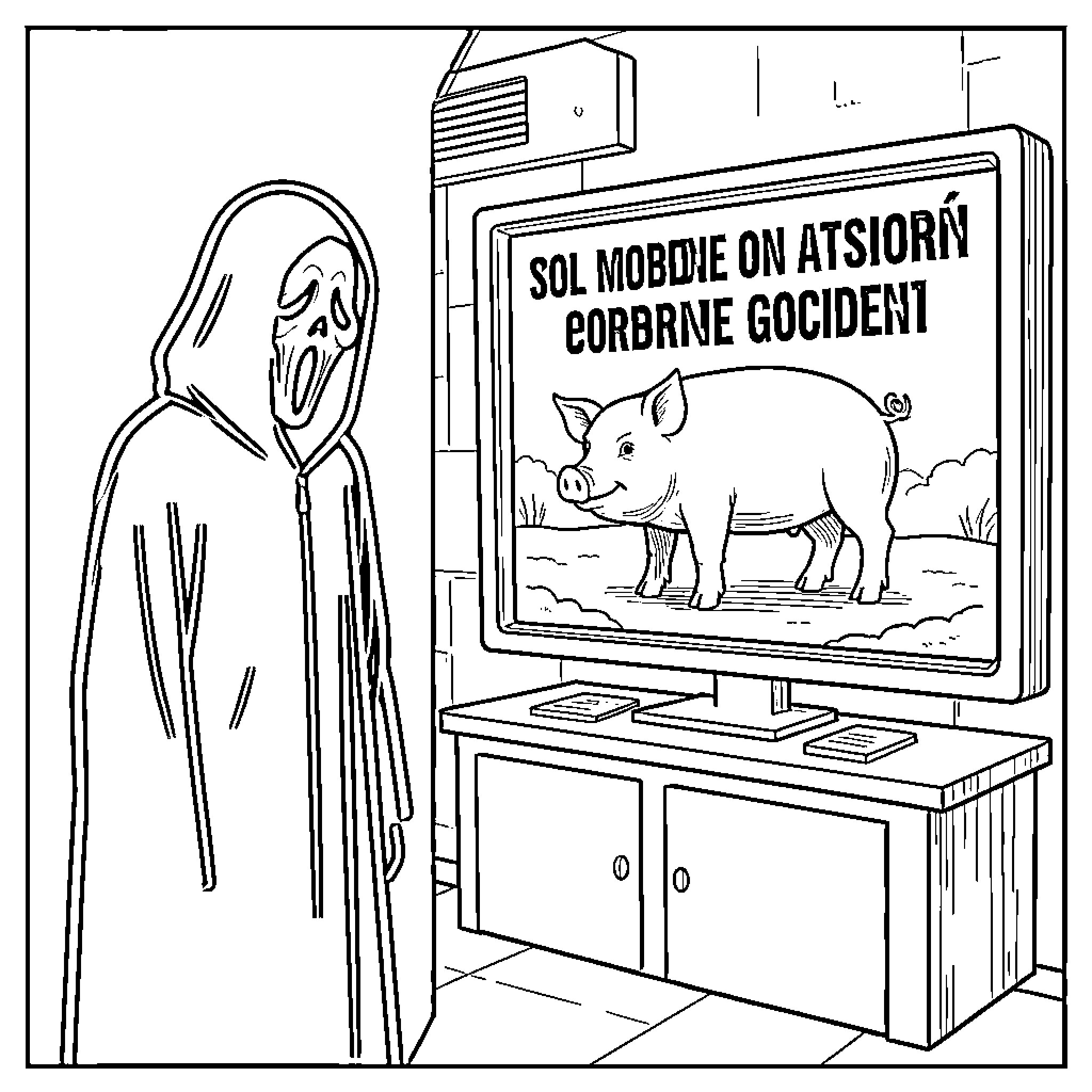 Ghostface watching a pig on a television screen Coloring Page (free black-and-white line drawing printable PDF for all, from beginners to advanced learners, including children, teens, adults, and seniors)