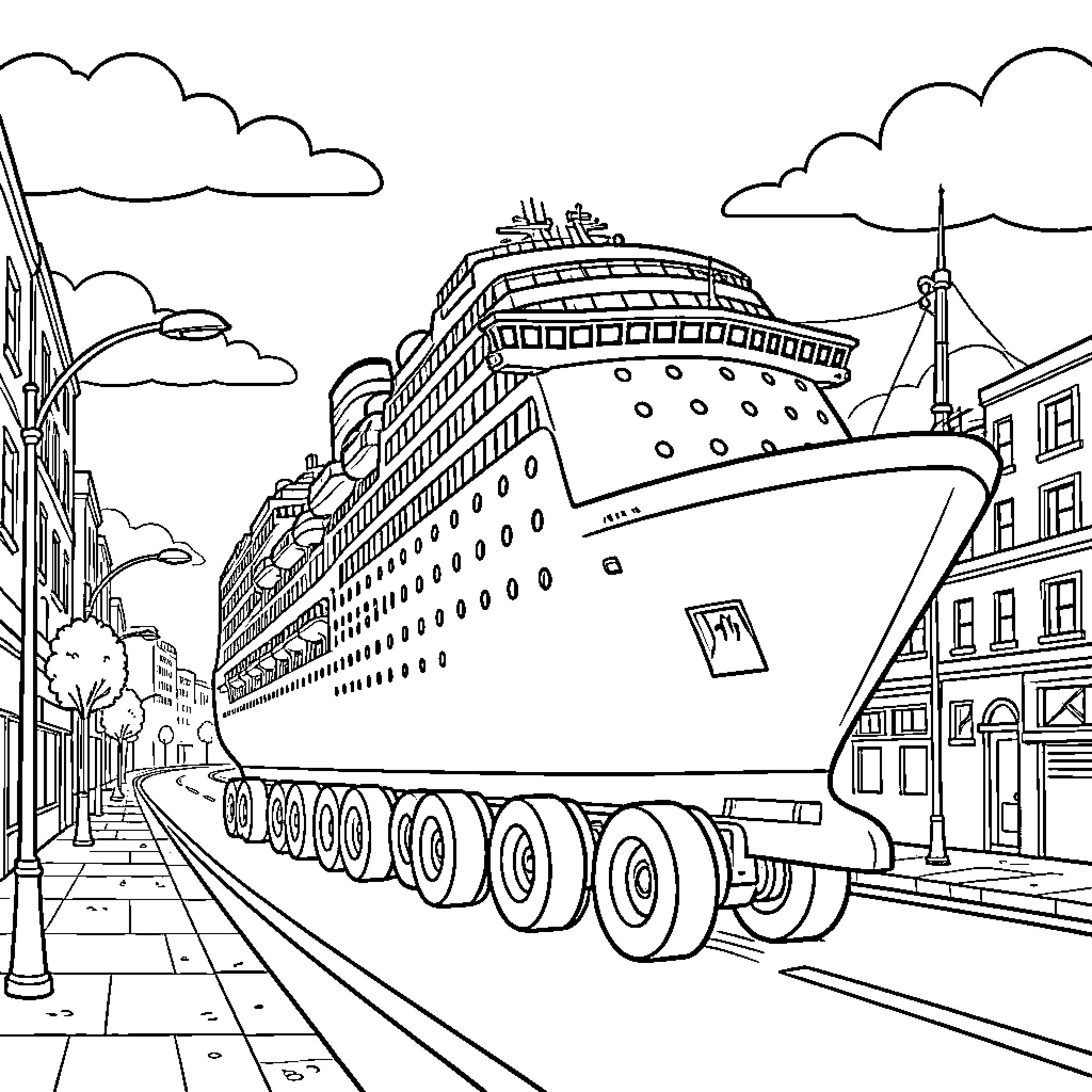 Cruise Ship Docked in Coastal City Coloring Page (free black-and-white line drawing printable PDF for all, from beginners to advanced learners, including children, teens, adults, and seniors)