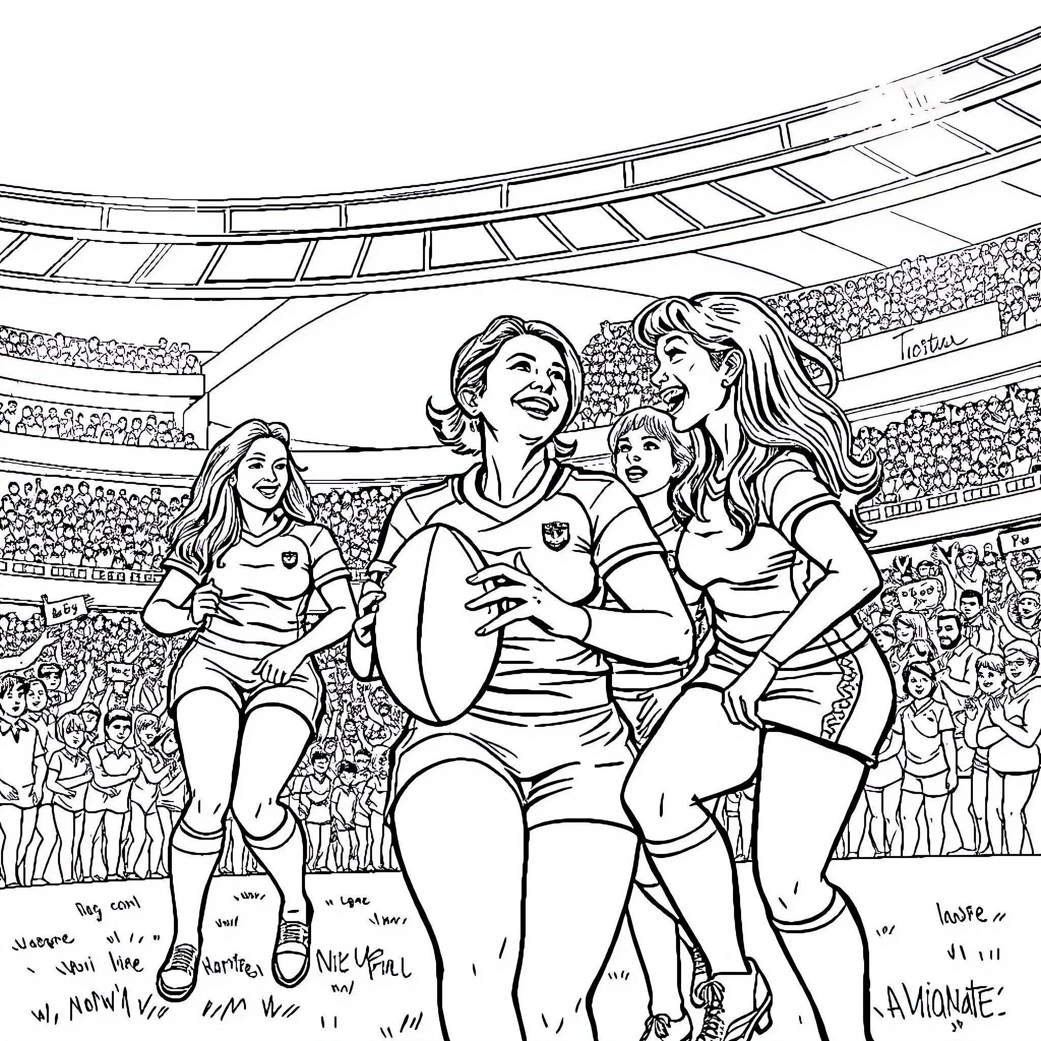 Rugby Players Celebrating Victory in Stadium Coloring Page (free black-and-white line drawing printable PDF for all, from beginners to advanced learners, including children, teens, adults, and seniors)