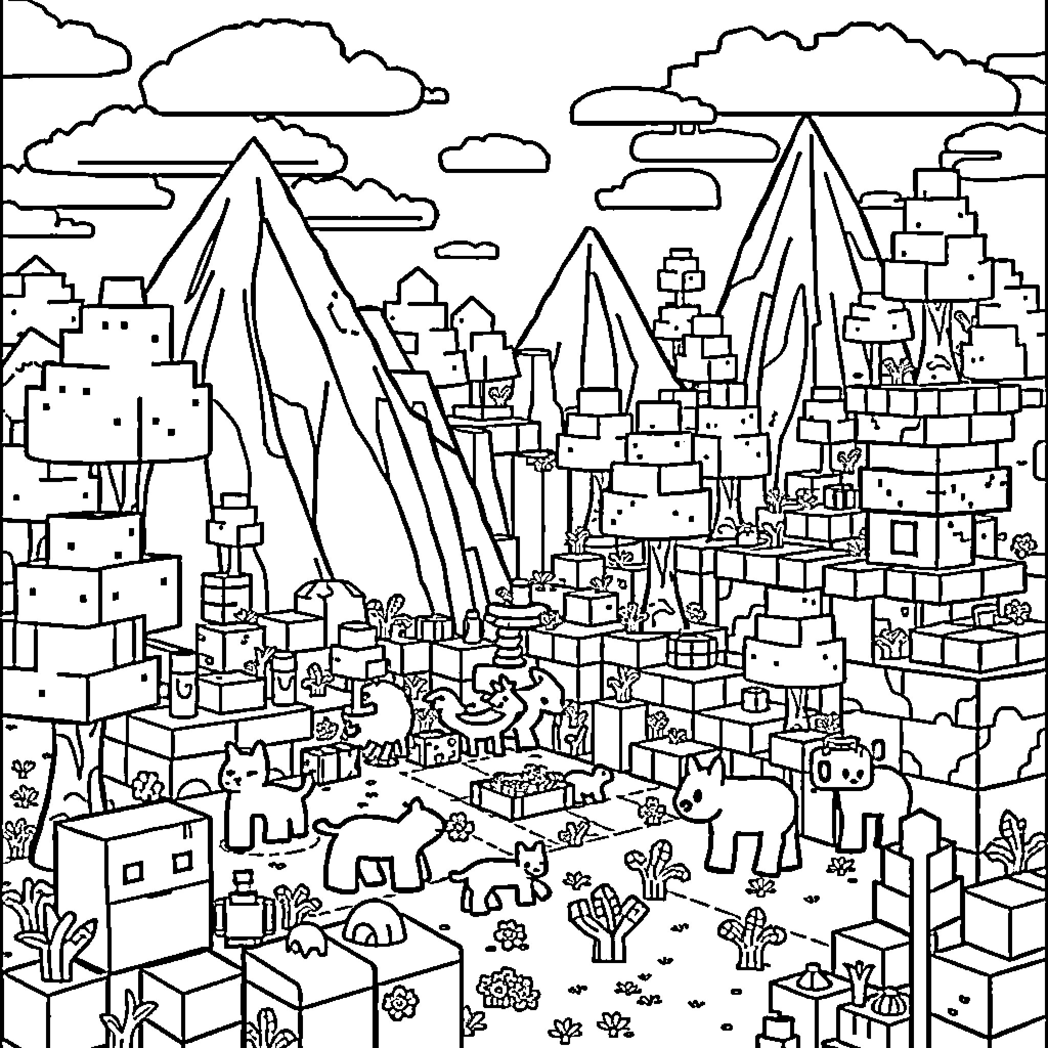 Minecraft fantasy landscape with mountains and cities Coloring Page (free black-and-white line drawing printable PDF for all, from beginners to advanced learners, including children, teens, adults, and seniors)