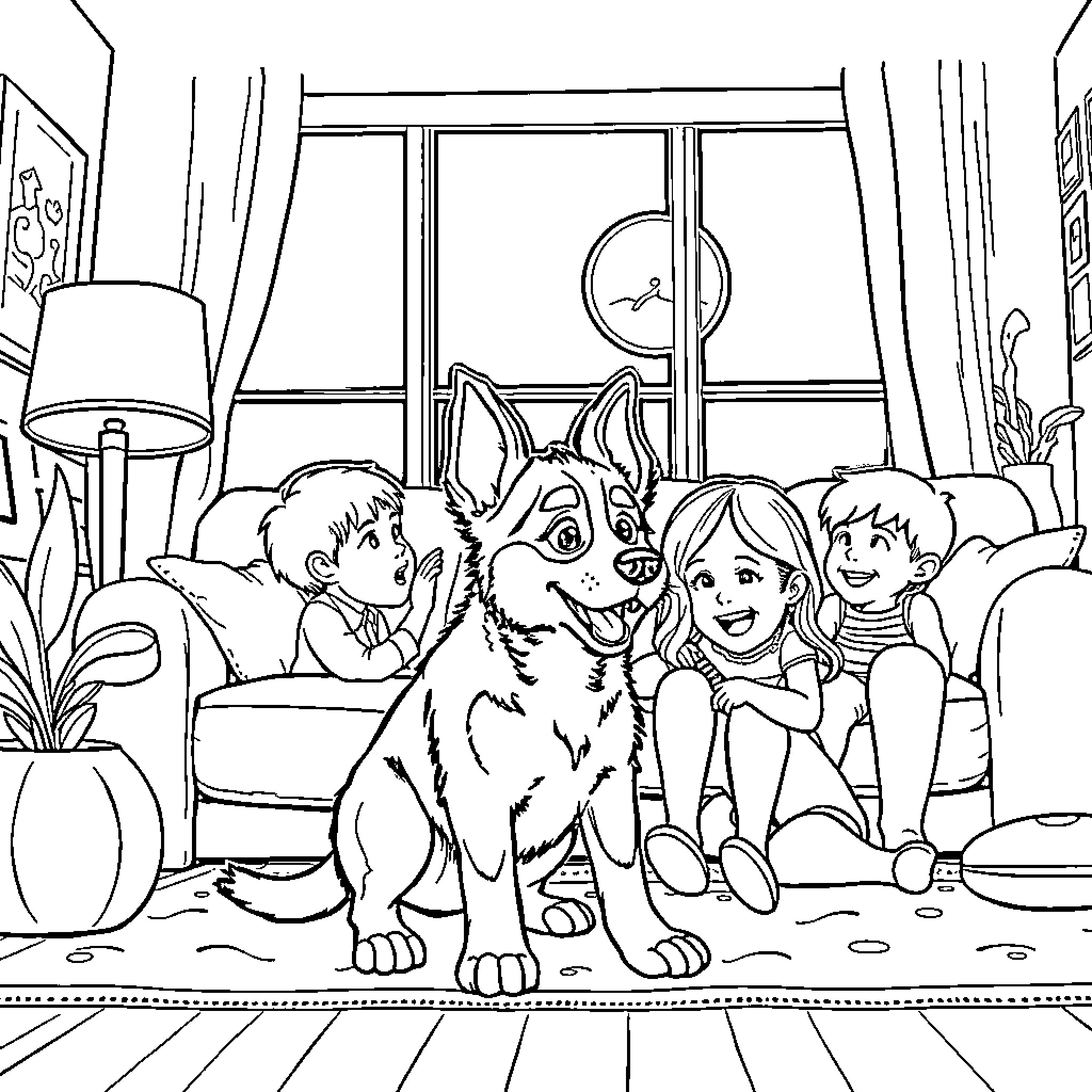 Bluey and family enjoying time together at home Coloring Page (free black-and-white line drawing printable PDF for all, from beginners to advanced learners, including children, teens, adults, and seniors)