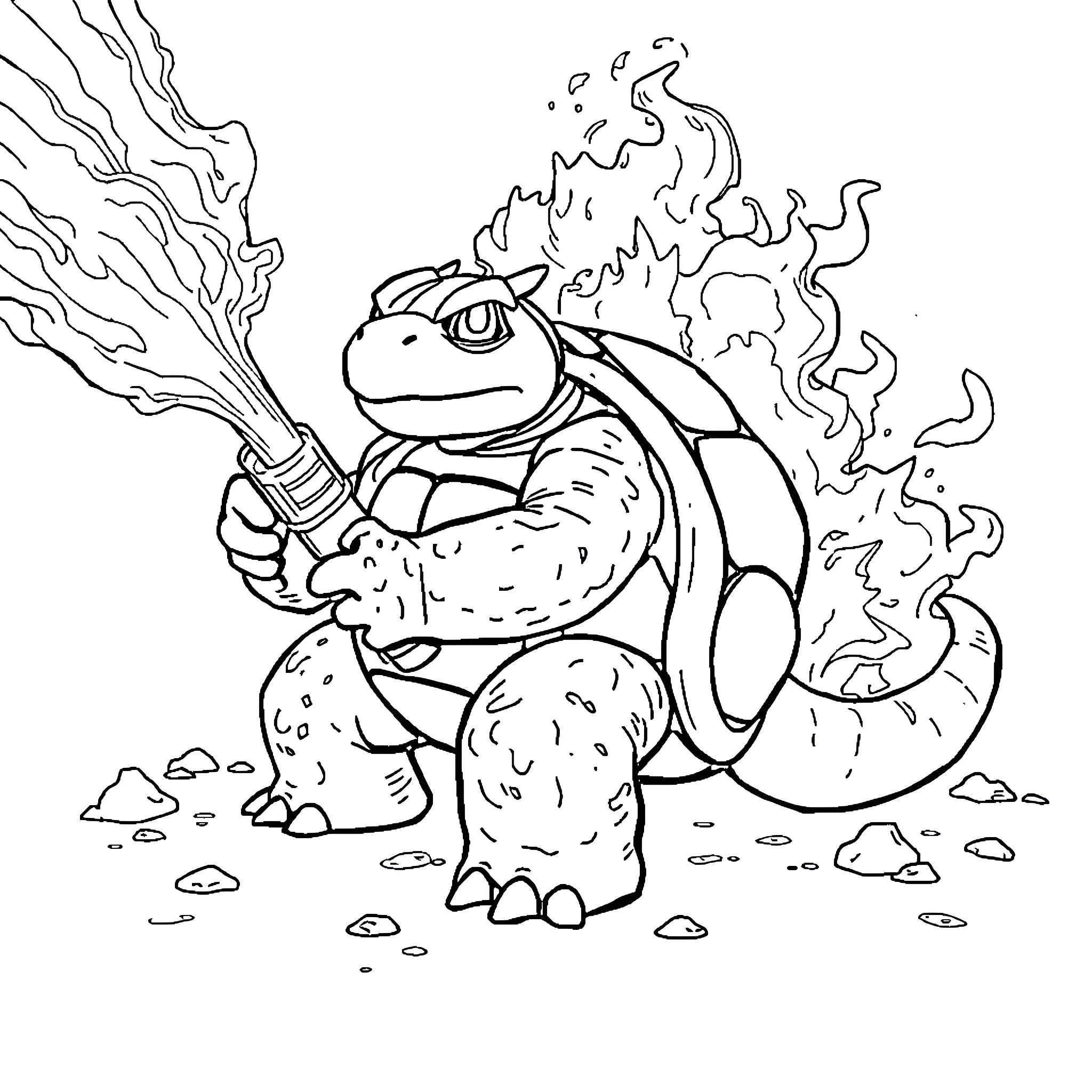 Blastoise wielding a flaming weapon in an intense scene Coloring Page (free black-and-white line drawing printable PDF for all, from beginners to advanced learners, including children, teens, adults, and seniors)