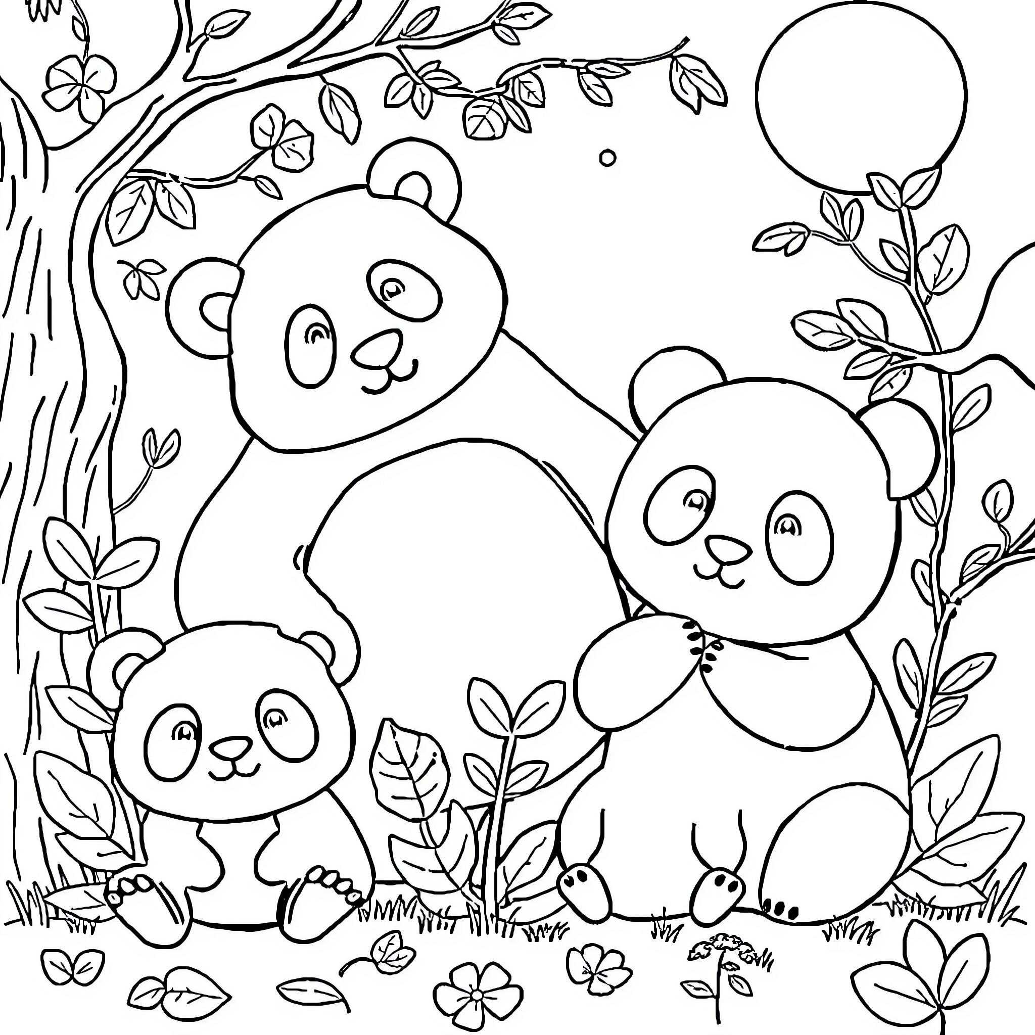 Animal Pandas in Flowery Meadow Coloring Page (free black-and-white line drawing printable PDF for all, from beginners to advanced learners, including children, teens, adults, and seniors)
