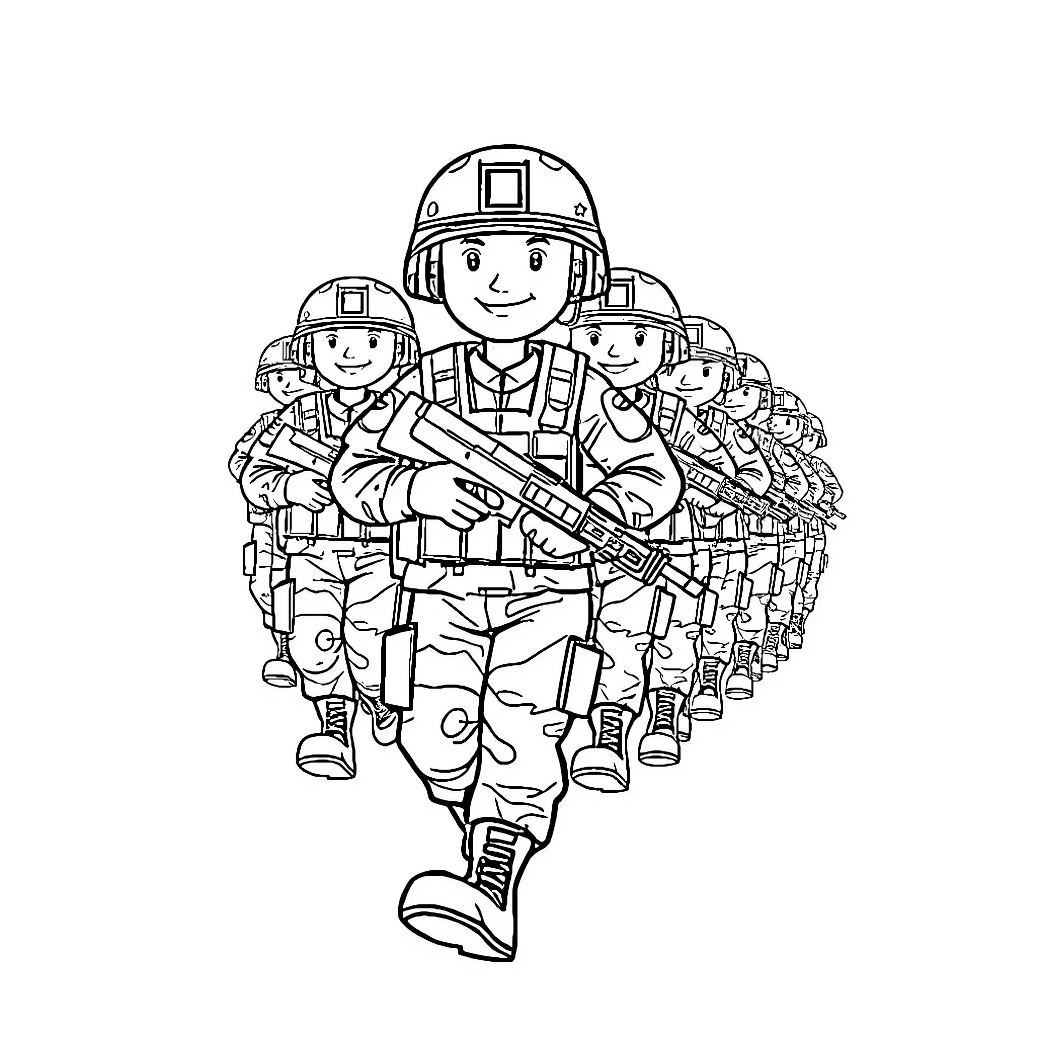 Soldiers marching in formation with equipment Coloring Page (free black-and-white line drawing printable PDF for all, from beginners to advanced learners, including children, teens, adults, and seniors)