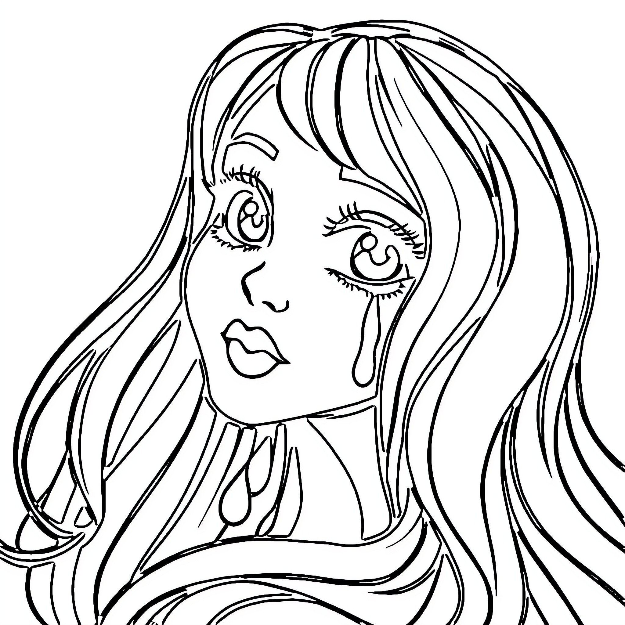 Tear-stained face of a young woman in distress Coloring Page (free black-and-white line drawing printable PDF for all, from beginners to advanced learners, including children, teens, adults, and seniors)