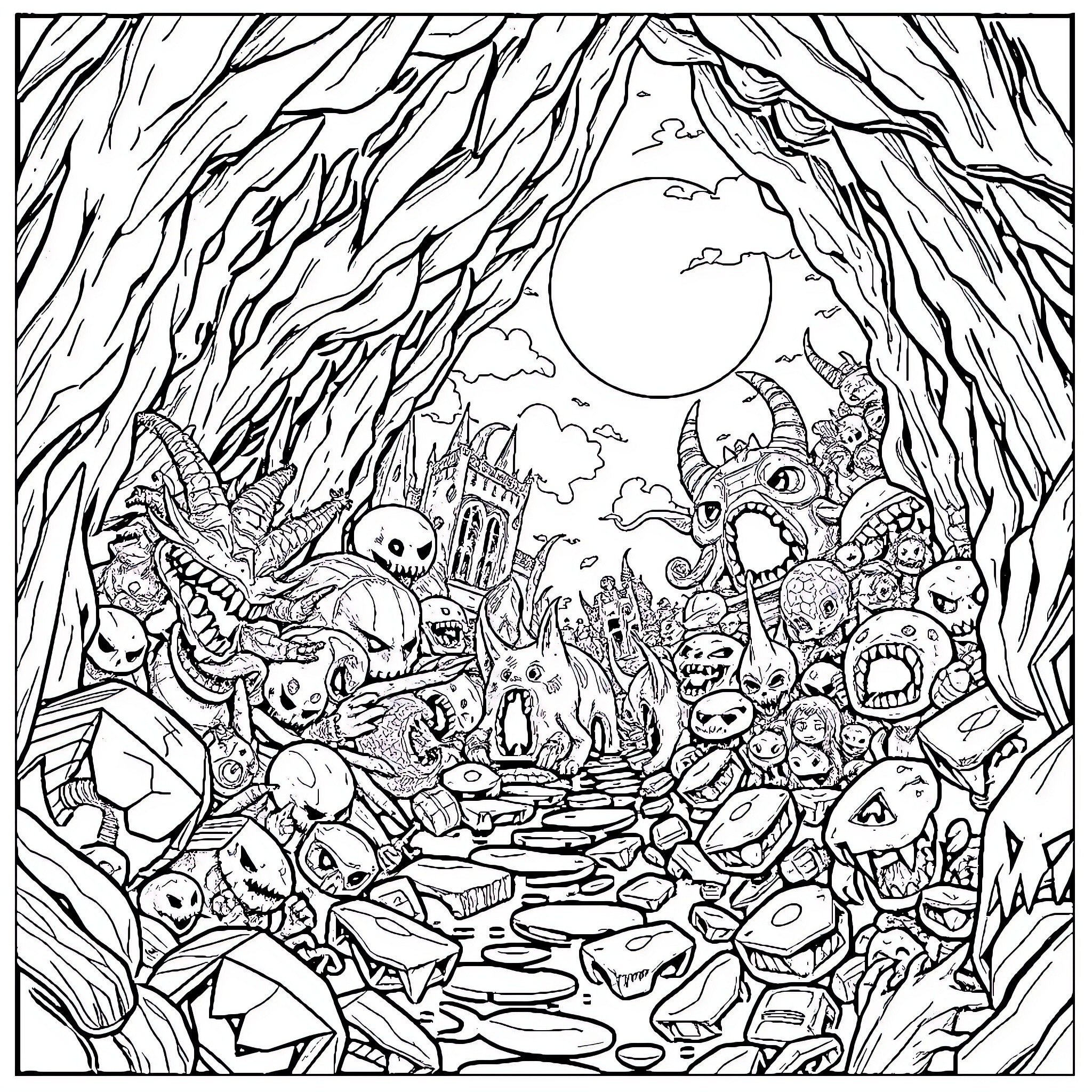 Undertale: Whimsical Gathering of Fantastical Creatures Coloring Page (free black-and-white line drawing printable PDF for all, from beginners to advanced learners, including children, teens, adults, and seniors)