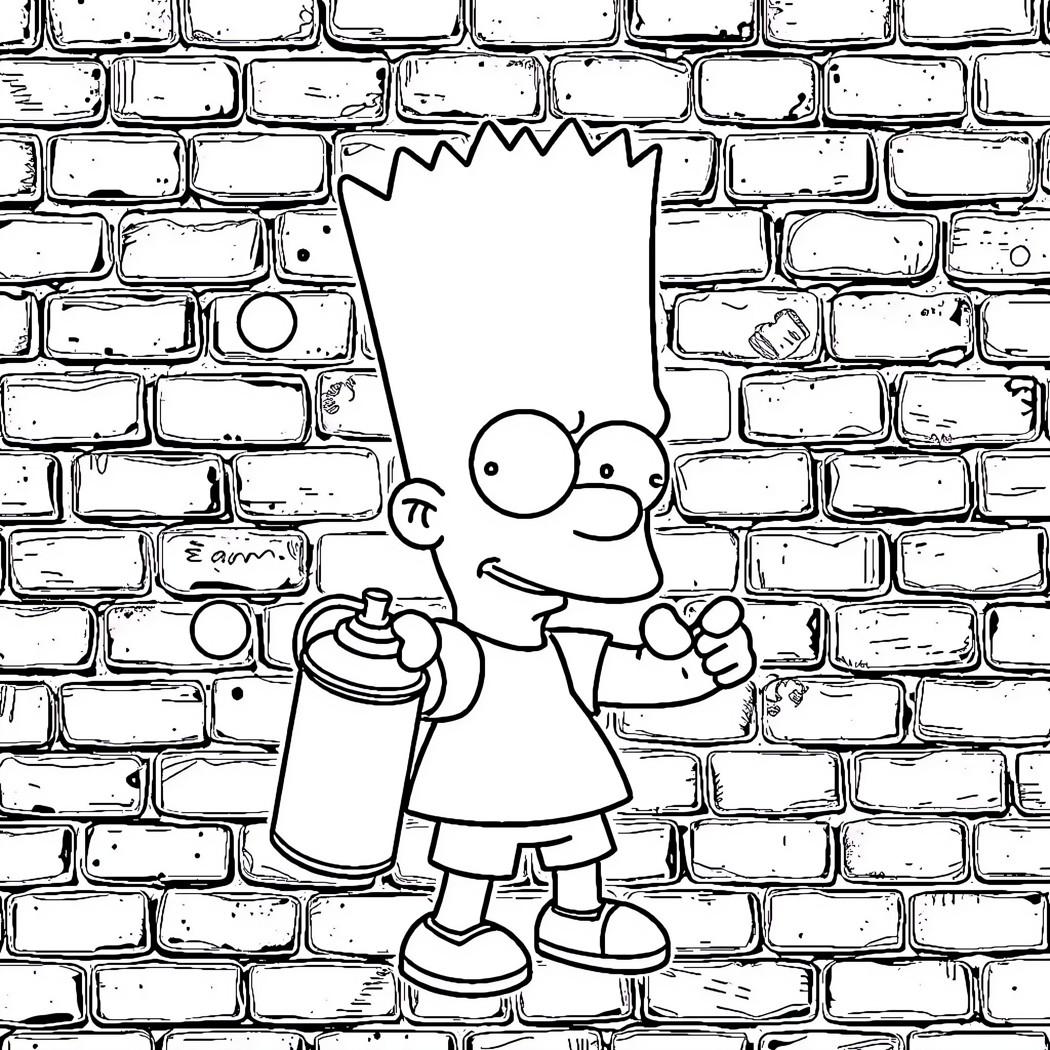 Bart Simpson enjoying graffiti on a brick wall Coloring Page (free black-and-white line drawing printable PDF for all, from beginners to advanced learners, including children, teens, adults, and seniors)