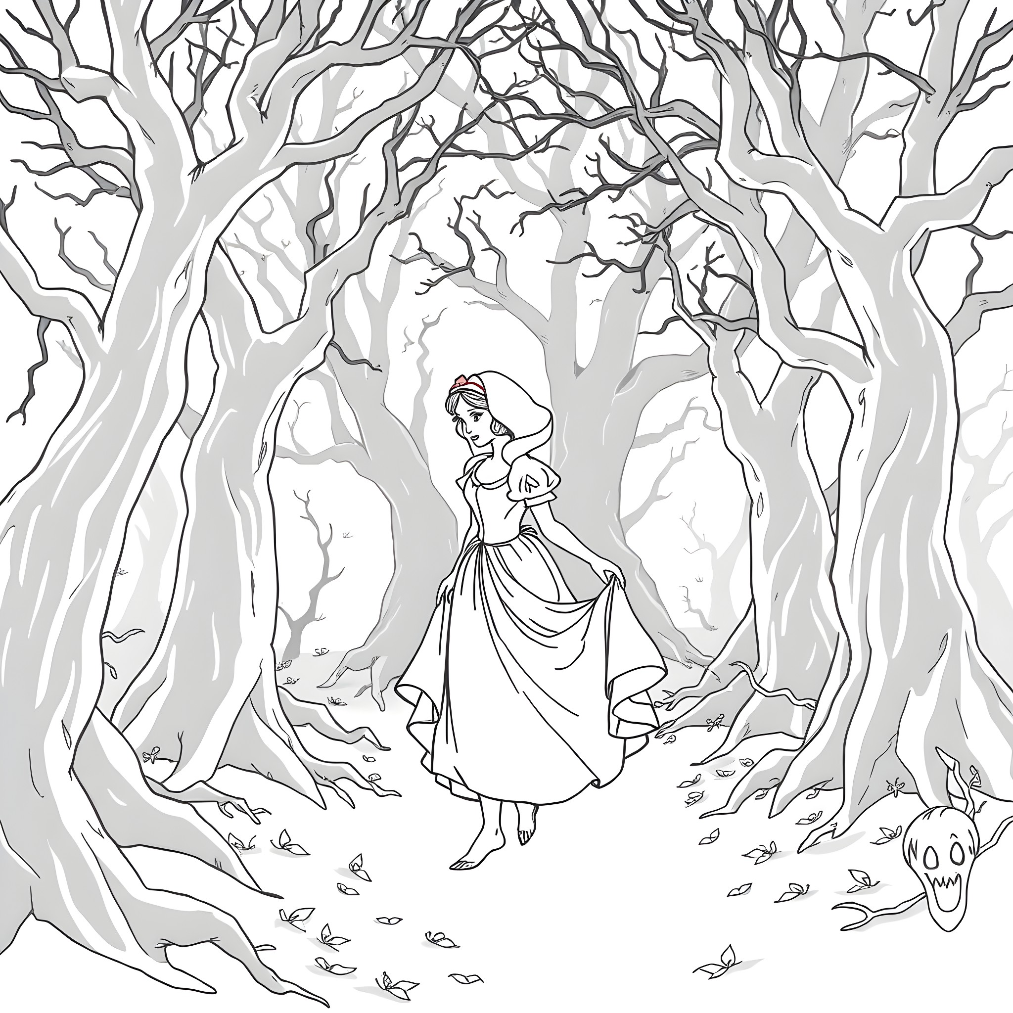 Snow White wandering through the enchanted forest Coloring Page (free black-and-white line drawing printable PDF for all, from beginners to advanced learners, including children, teens, adults, and seniors)