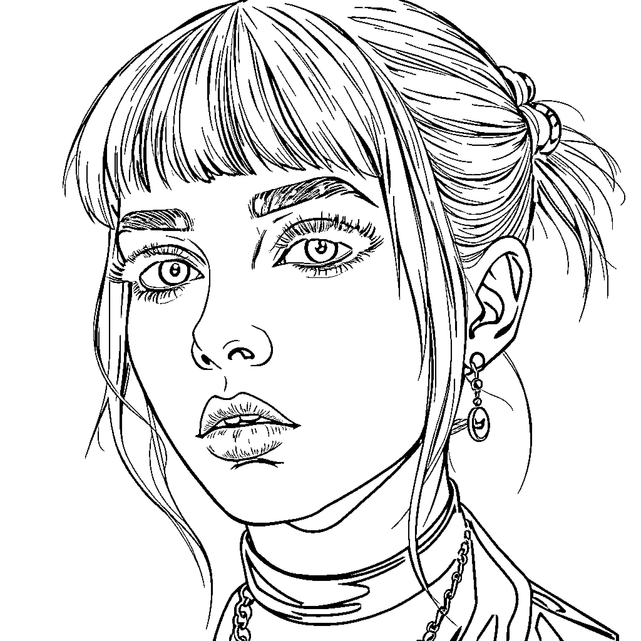 Billie Eilish in a pensive, introspective expression Coloring Page (free black-and-white line drawing printable PDF for all, from beginners to advanced learners, including children, teens, adults, and seniors)