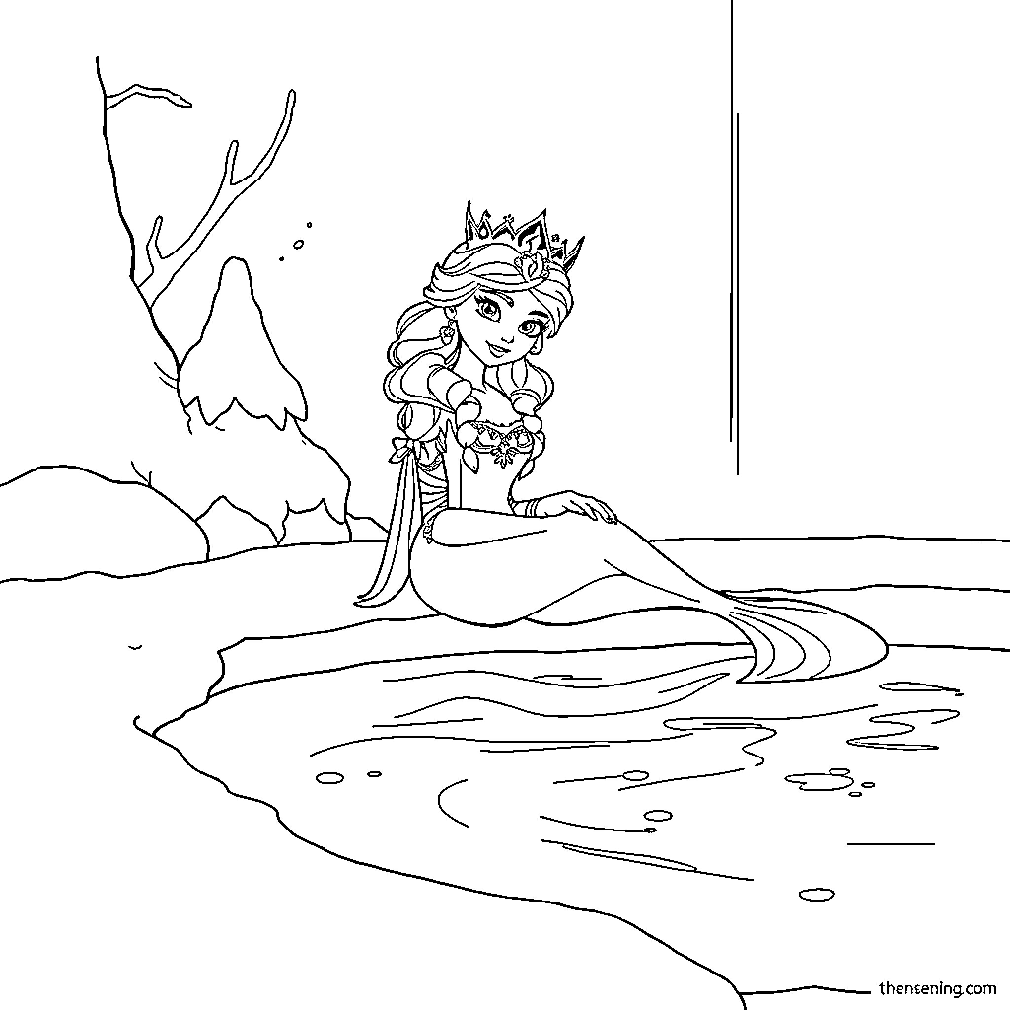 Reine mermaid wearing a crown sitting by the water Coloring Page (free black-and-white line drawing printable PDF for all, from beginners to advanced learners, including children, teens, adults, and seniors)