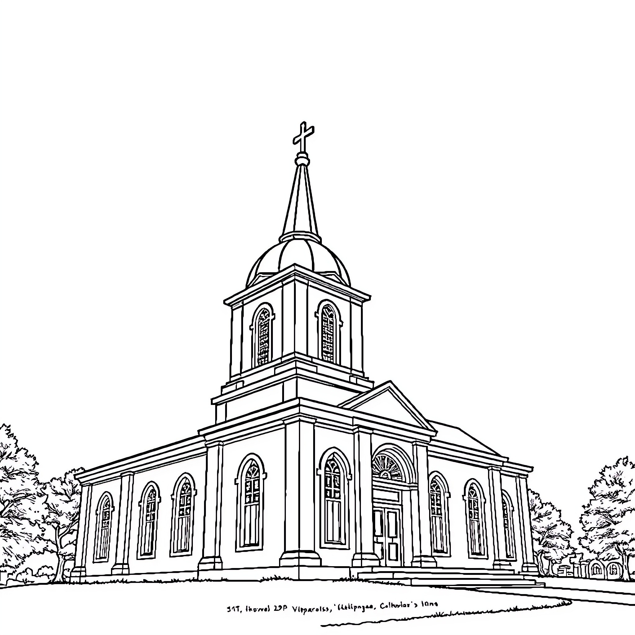 Church with ornate architectural features Coloring Page (free black-and-white line drawing printable PDF for all, from beginners to advanced learners, including children, teens, adults, and seniors)