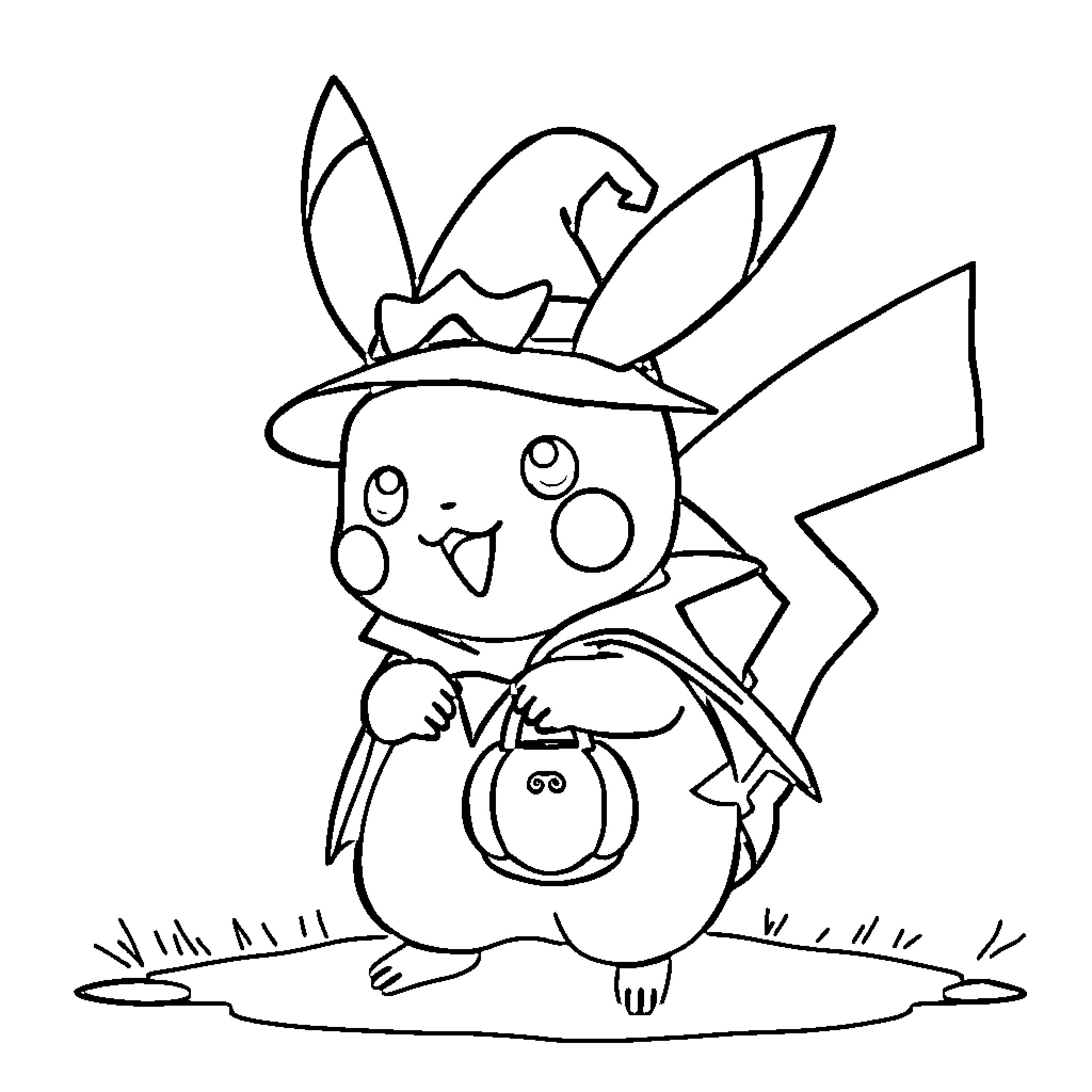 Pikachu dressed as a Halloween witch Coloring Page (free black-and-white line drawing printable PDF for all, from beginners to advanced learners, including children, teens, adults, and seniors)