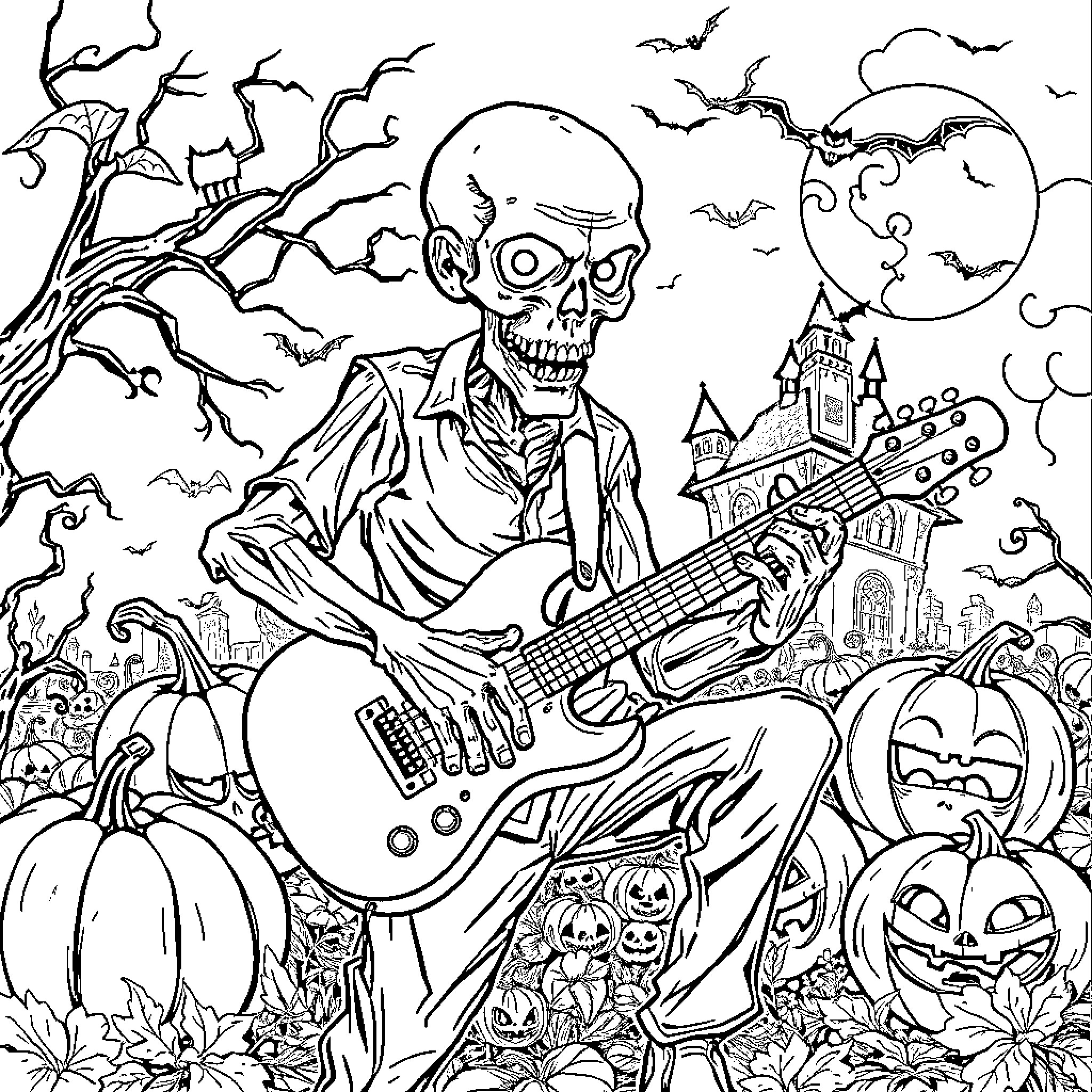Zombie Musician Rocking in the Haunted Landscape Coloring Page (free black-and-white line drawing printable PDF for all, from beginners to advanced learners, including children, teens, adults, and seniors)
