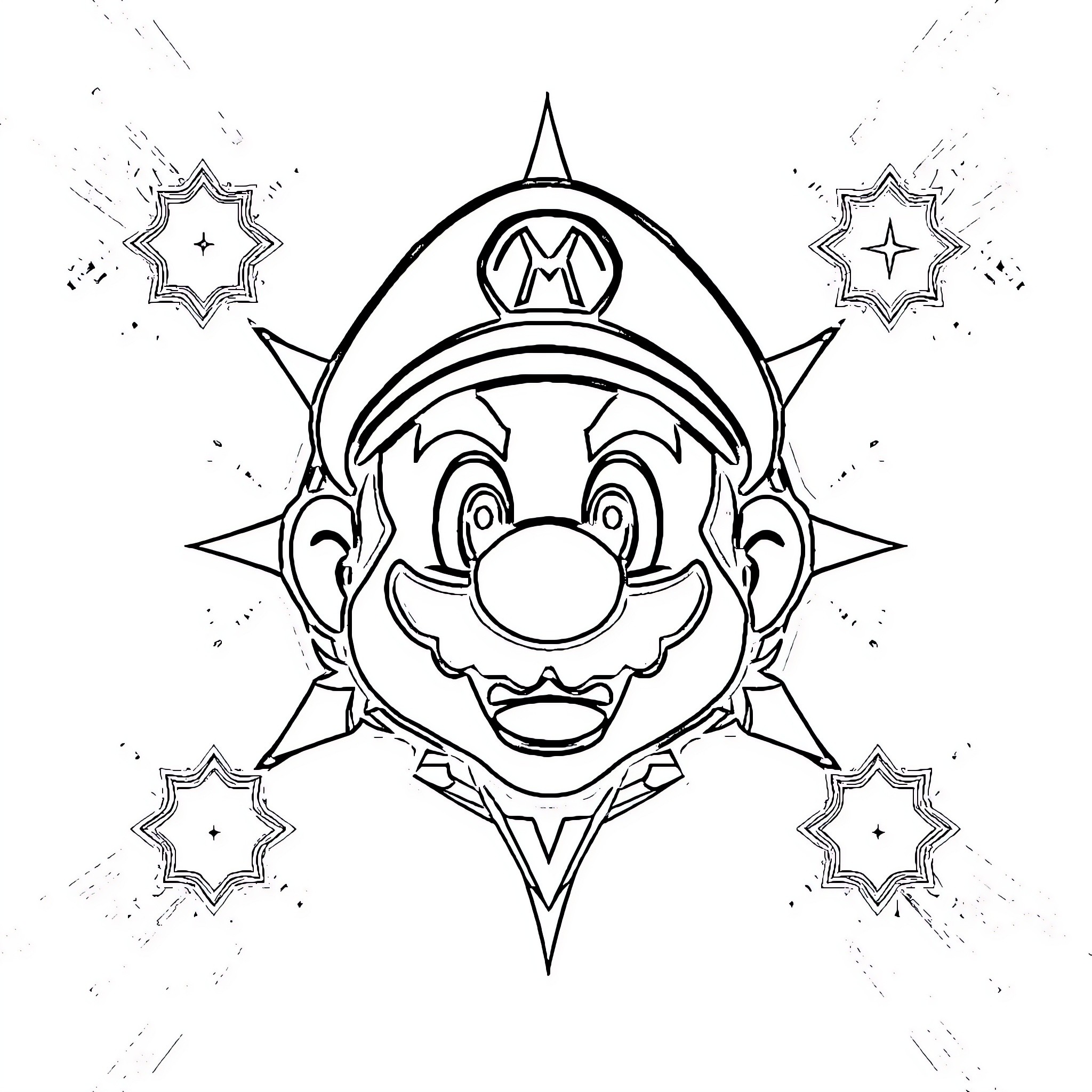 Mario's Magical Appearance with Dazzling Stars Coloring Page (free black-and-white line drawing printable PDF for all, from beginners to advanced learners, including children, teens, adults, and seniors)