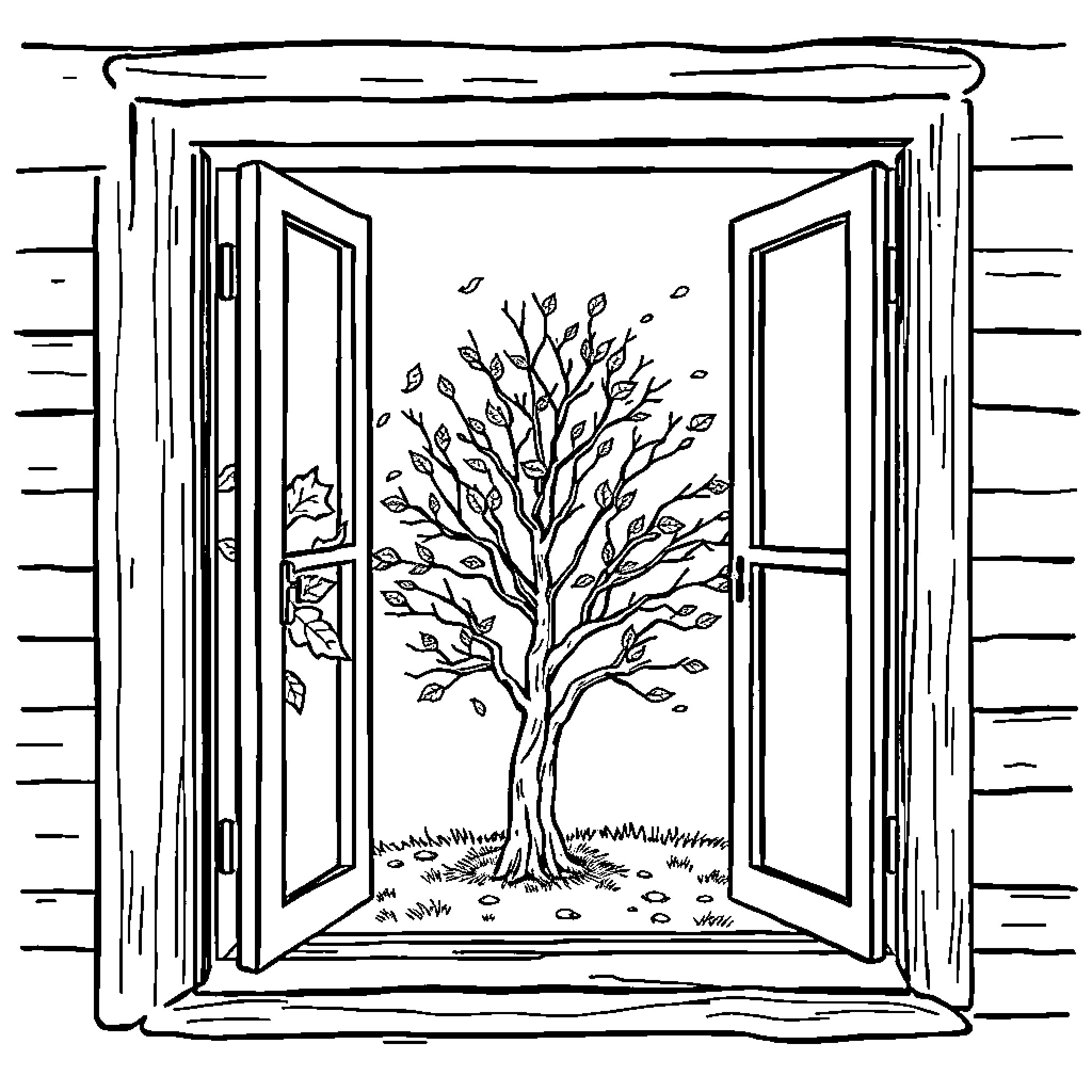 Window with bare tree branches in the wind Coloring Page (free black-and-white line drawing printable PDF for all, from beginners to advanced learners, including children, teens, adults, and seniors)