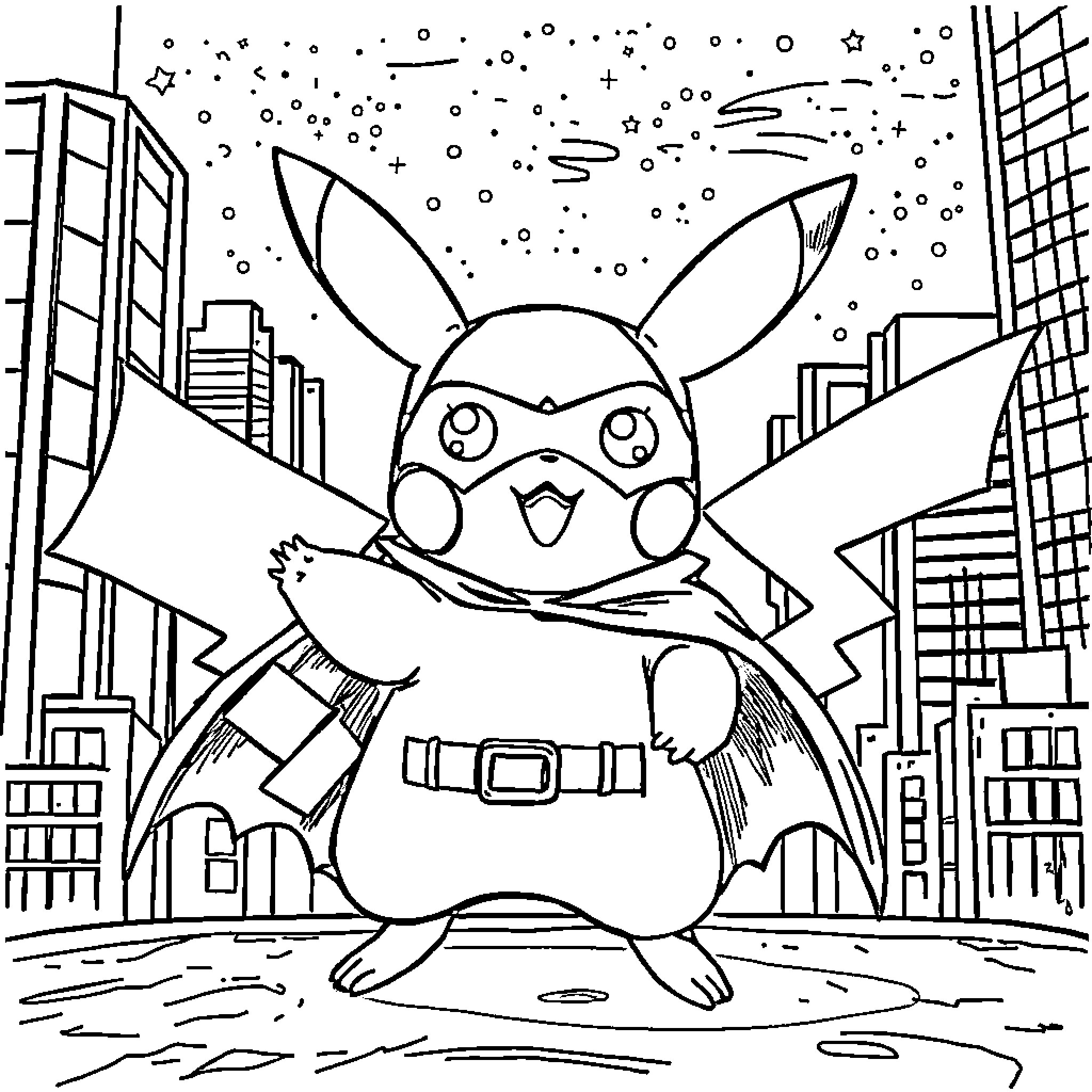 Pikachu, the Superhero in the City Coloring Page (free black-and-white line drawing printable PDF for all, from beginners to advanced learners, including children, teens, adults, and seniors)