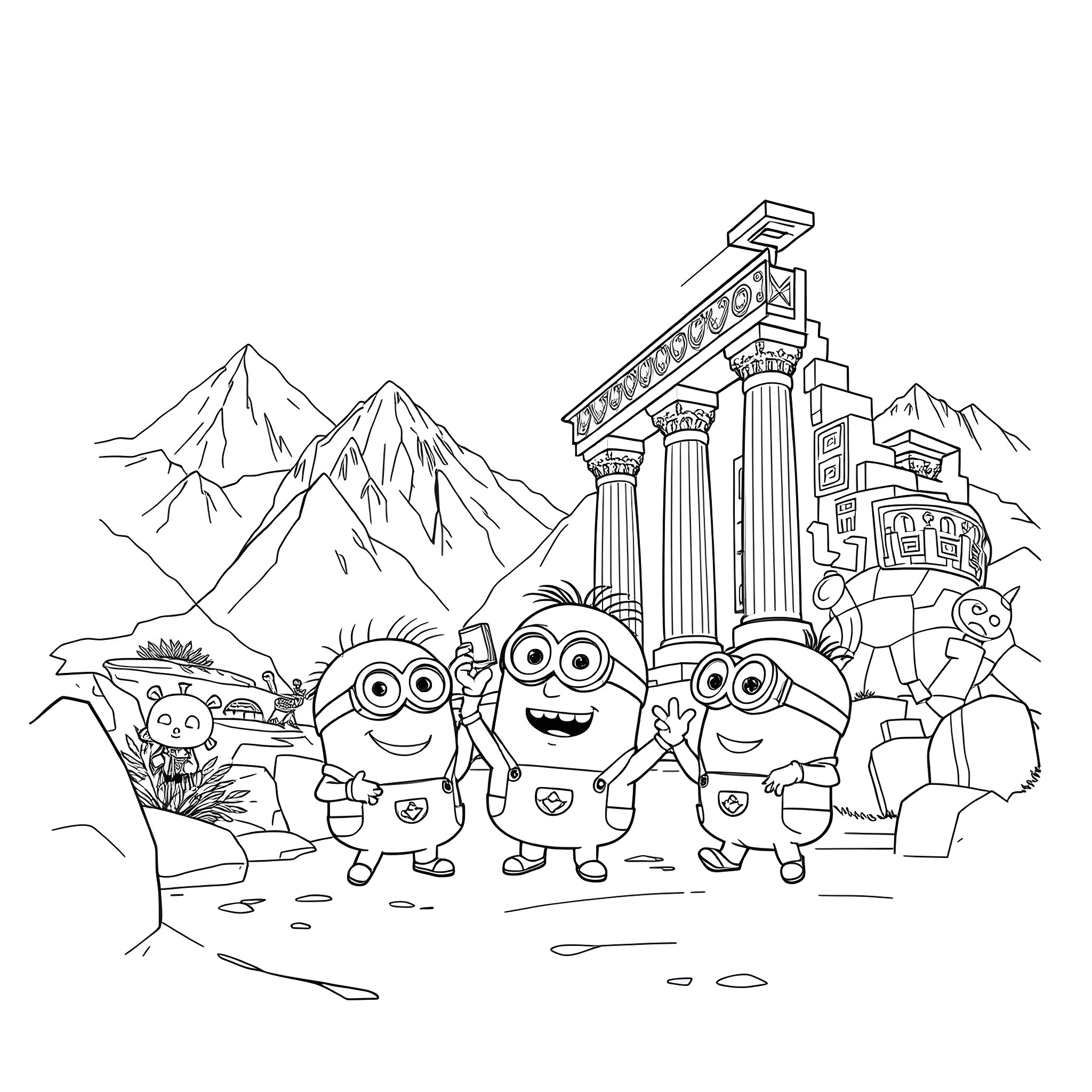Minion explorers discovering ancient ruins Coloring Page (free black-and-white line drawing printable PDF for all, from beginners to advanced learners, including children, teens, adults, and seniors)