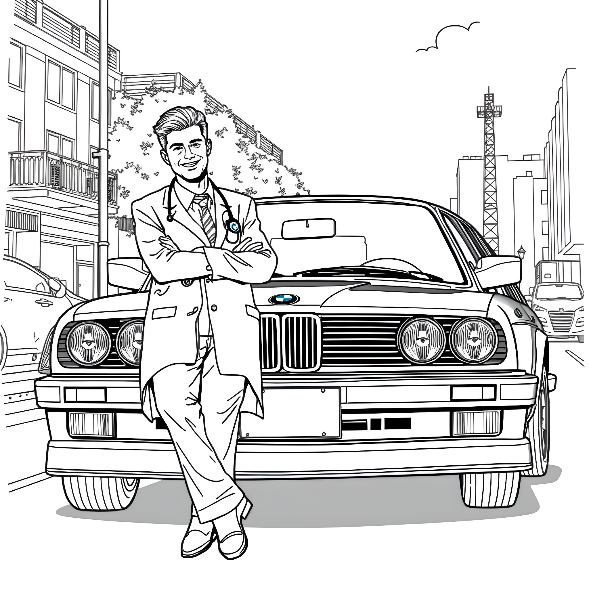 Dentist standing next to a classic car in the city Coloring Page (free black-and-white line drawing printable PDF for all, from beginners to advanced learners, including children, teens, adults, and seniors)