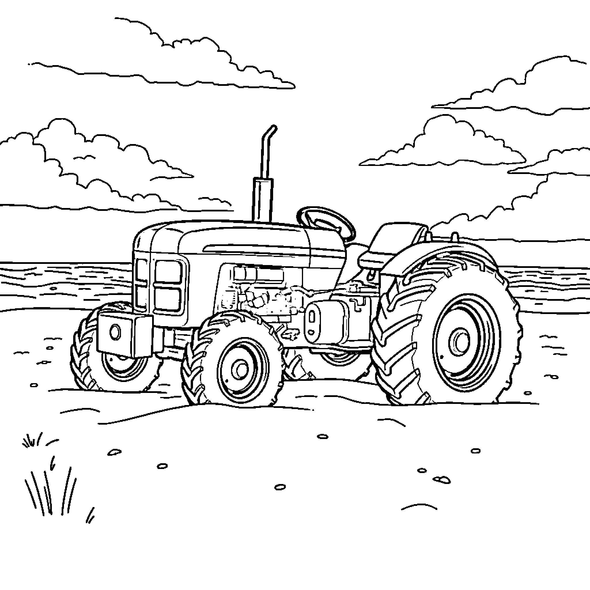 Tractor working in the countryside Coloring Page (free black-and-white line drawing printable PDF for all, from beginners to advanced learners, including children, teens, adults, and seniors)
