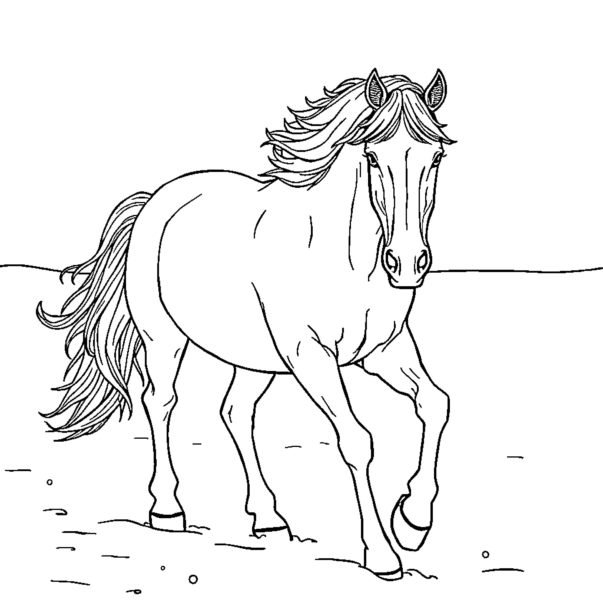 Horse galloping on the field Coloring Page (free black-and-white line drawing printable PDF for all, from beginners to advanced learners, including children, teens, adults, and seniors)