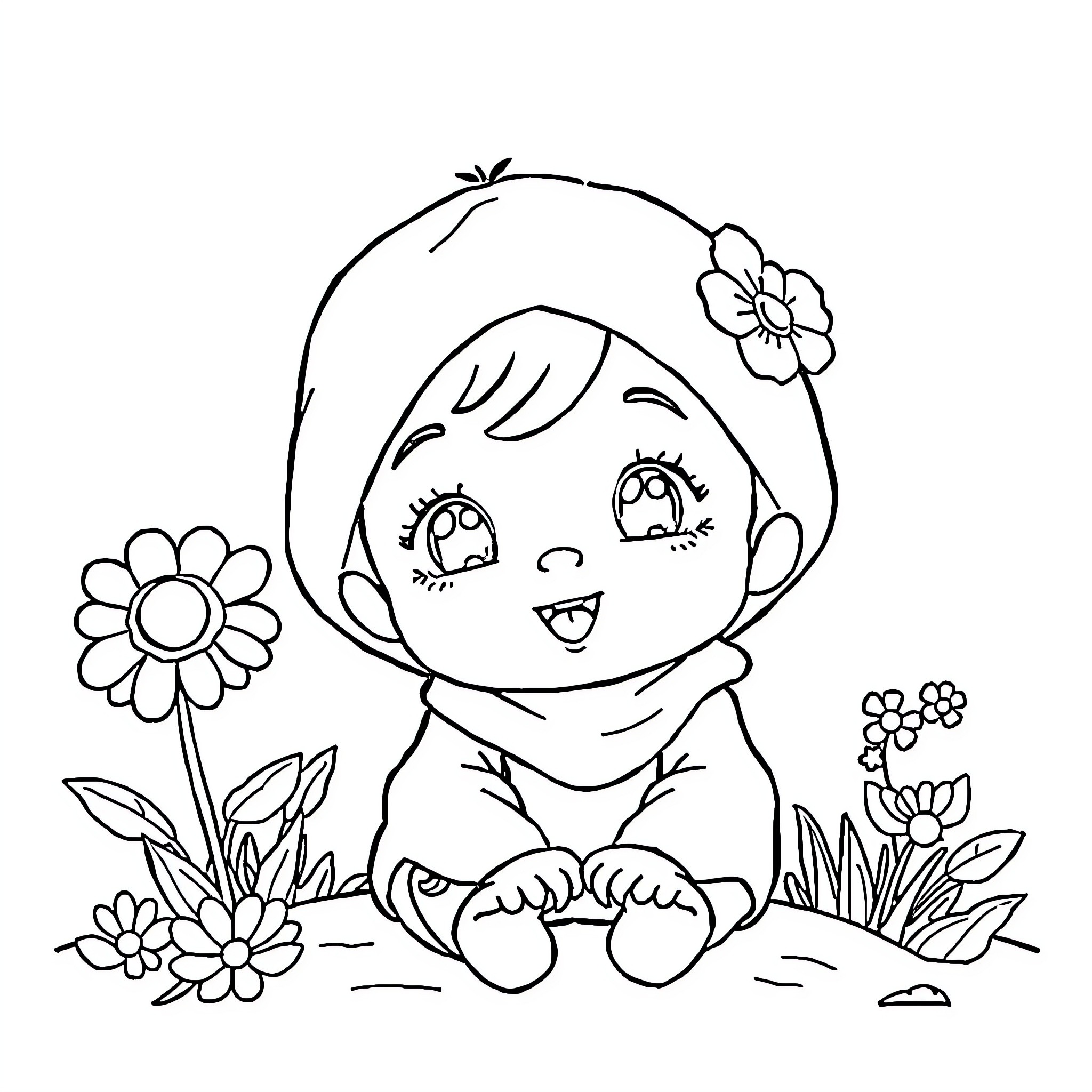 Children's Book Happy Girl Amongst Flowers Coloring Page (free black-and-white line drawing printable PDF for all, from beginners to advanced learners, including children, teens, adults, and seniors)