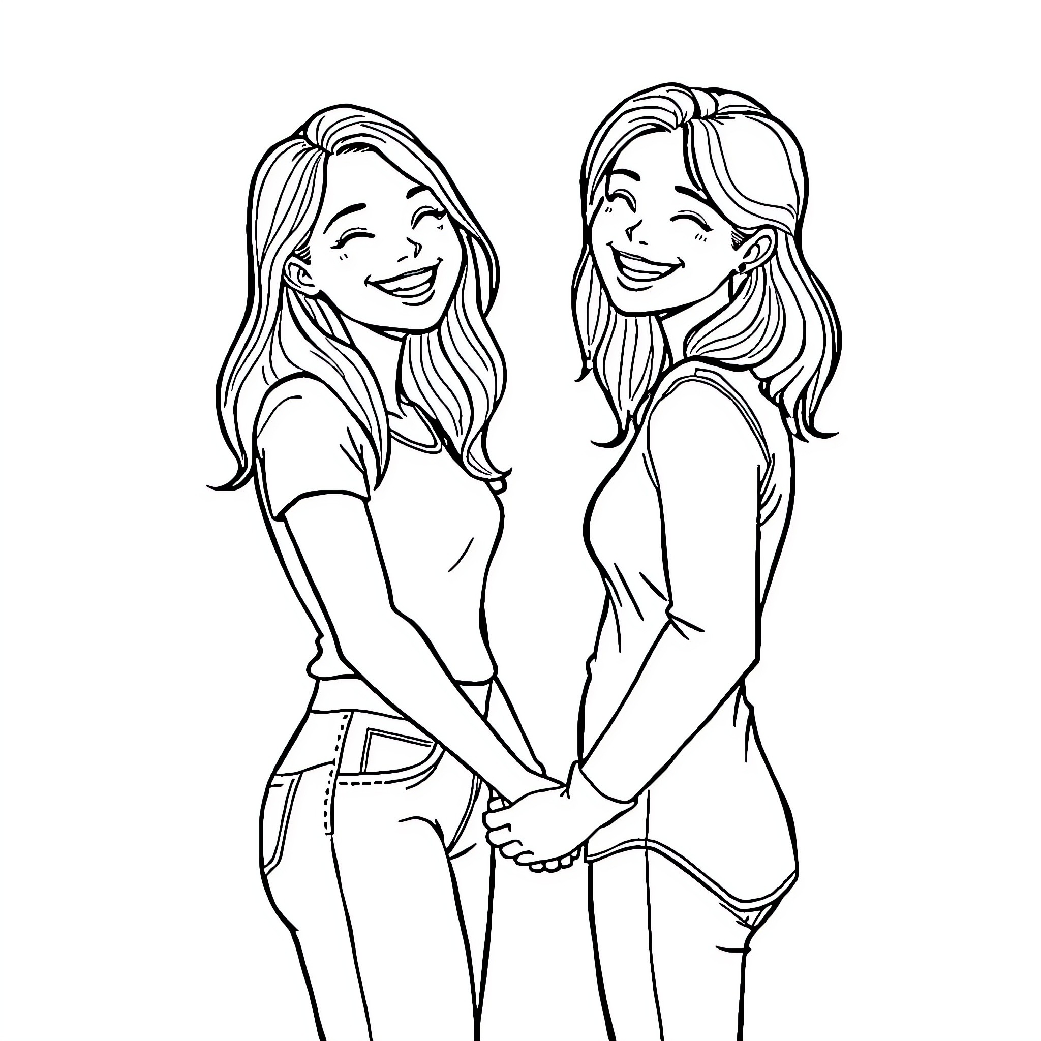 Friends sharing a joyful moment Coloring Page (free black-and-white line drawing printable PDF for all, from beginners to advanced learners, including children, teens, adults, and seniors)