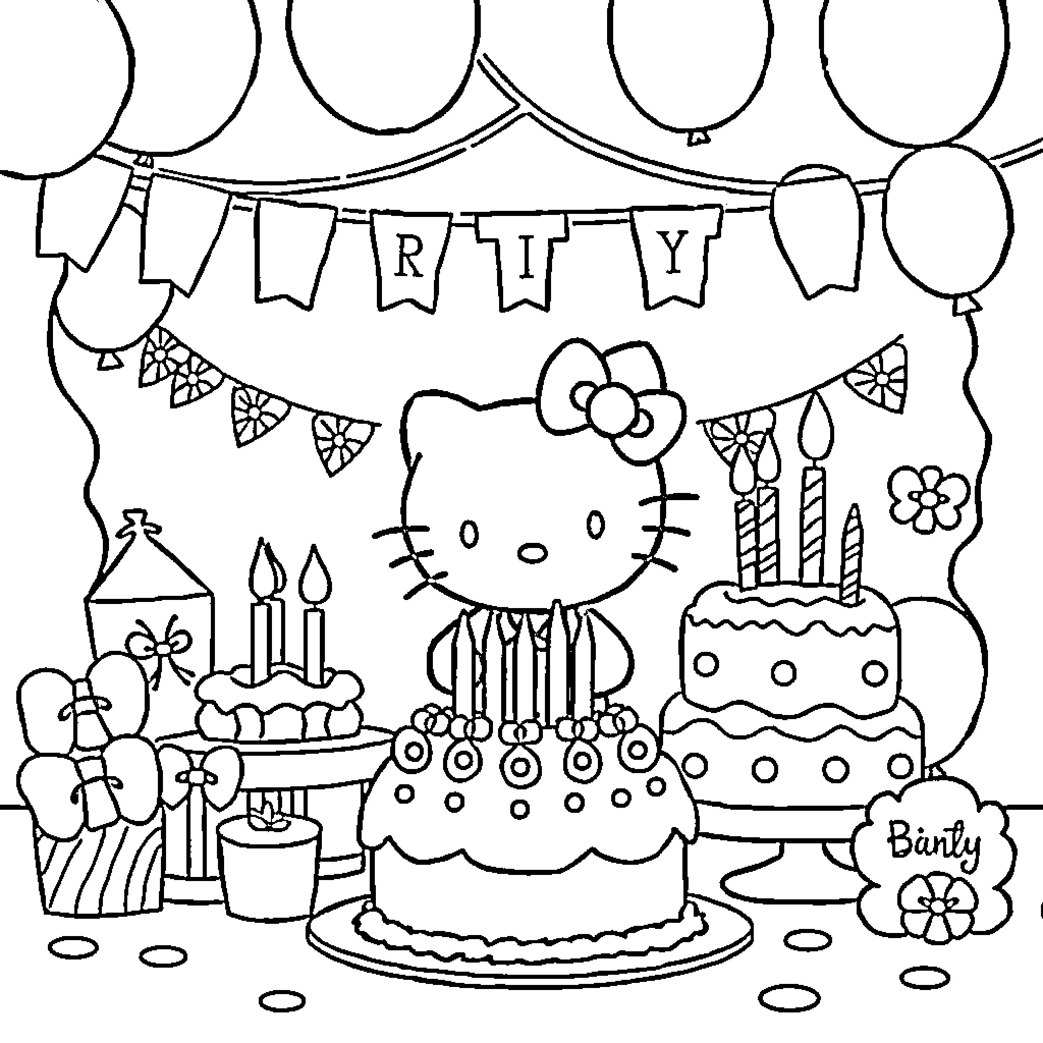 Hello Kitty's Birthday Party Celebration Coloring Page (free black-and-white line drawing printable PDF for all, from beginners to advanced learners, including children, teens, adults, and seniors)