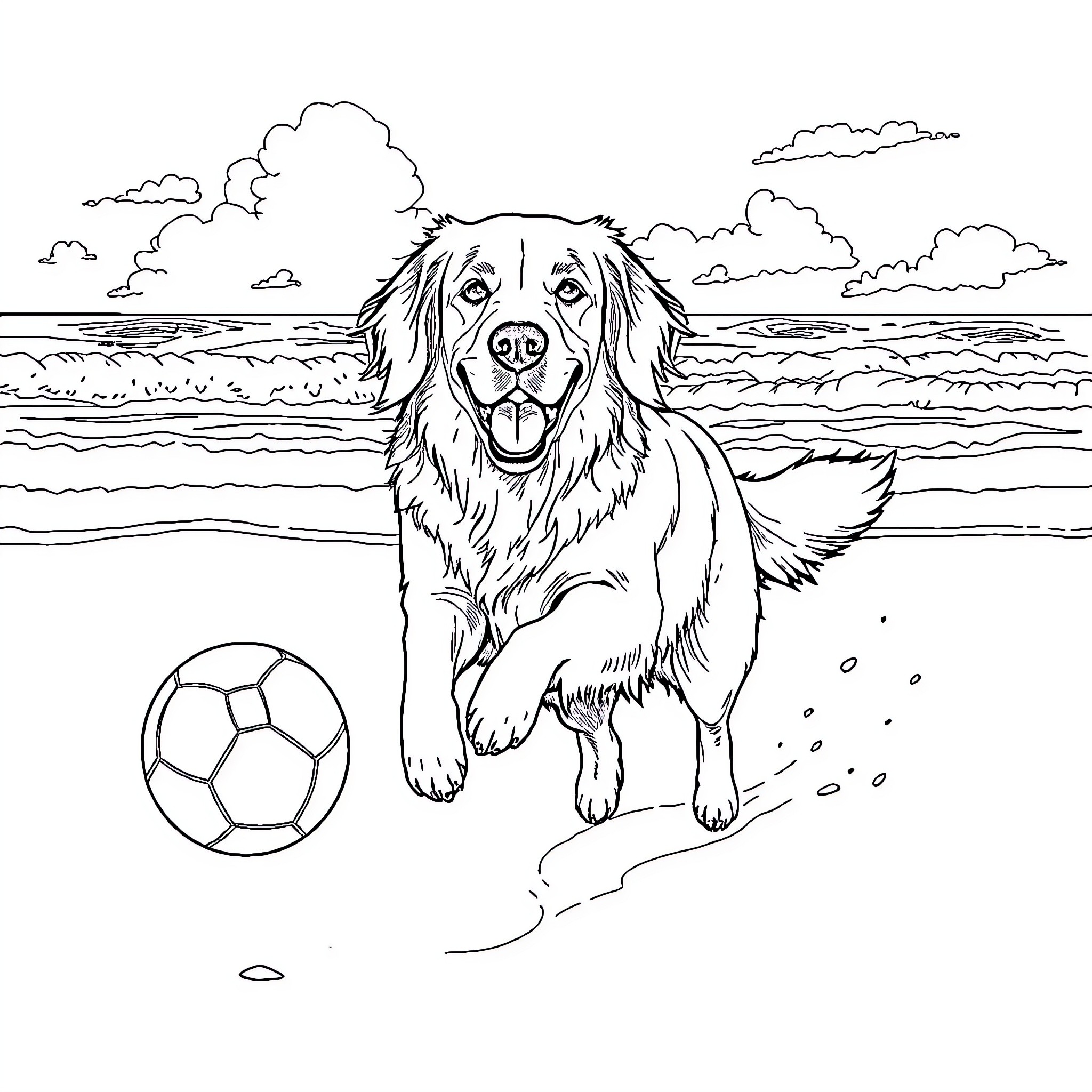 Golden Retriever playing joyfully with soccer ball on the beach Coloring Page (free black-and-white line drawing printable PDF for all, from beginners to advanced learners, including children, teens, adults, and seniors)