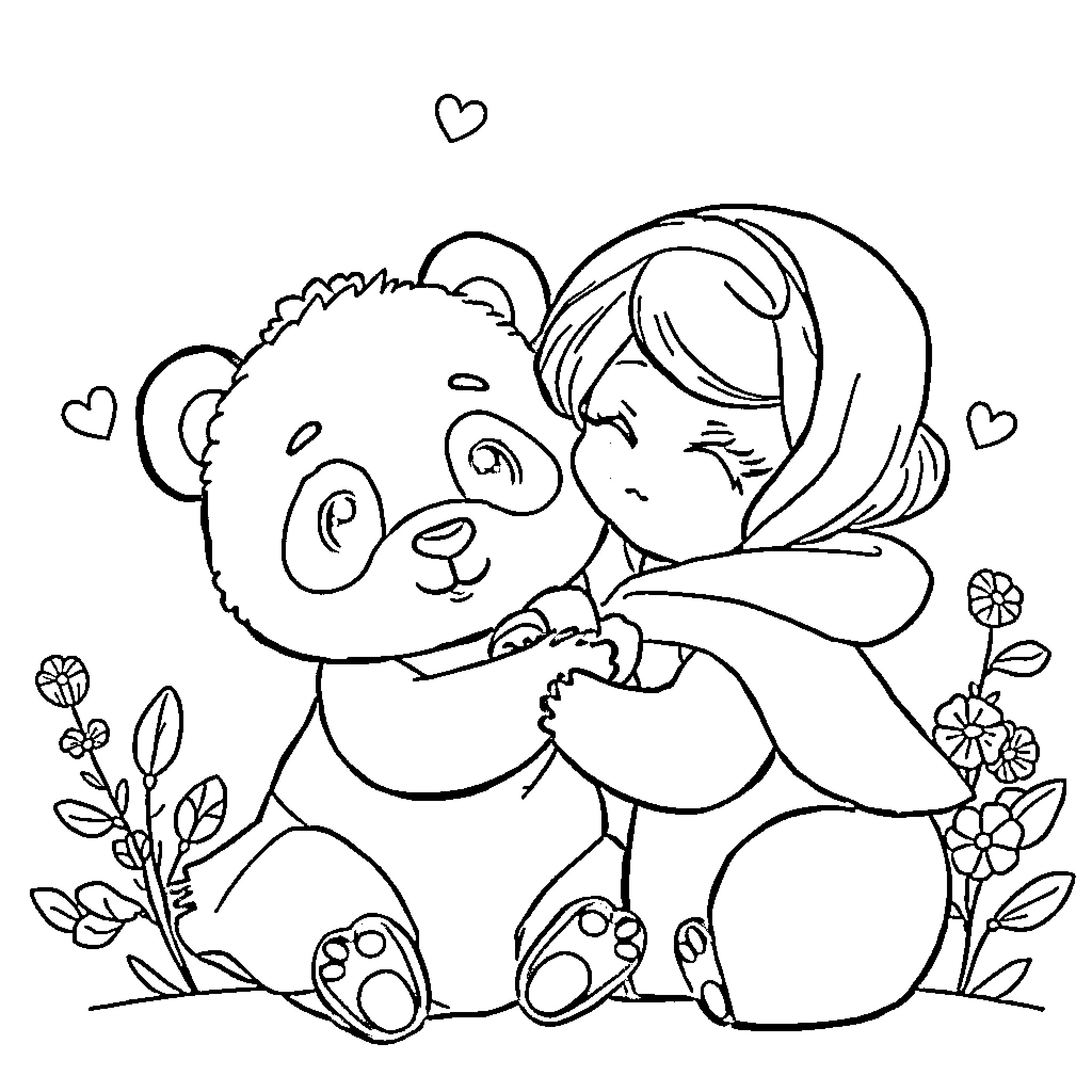 Panda bear receiving a loving hug Coloring Page (free black-and-white line drawing printable PDF for all, from beginners to advanced learners, including children, teens, adults, and seniors)