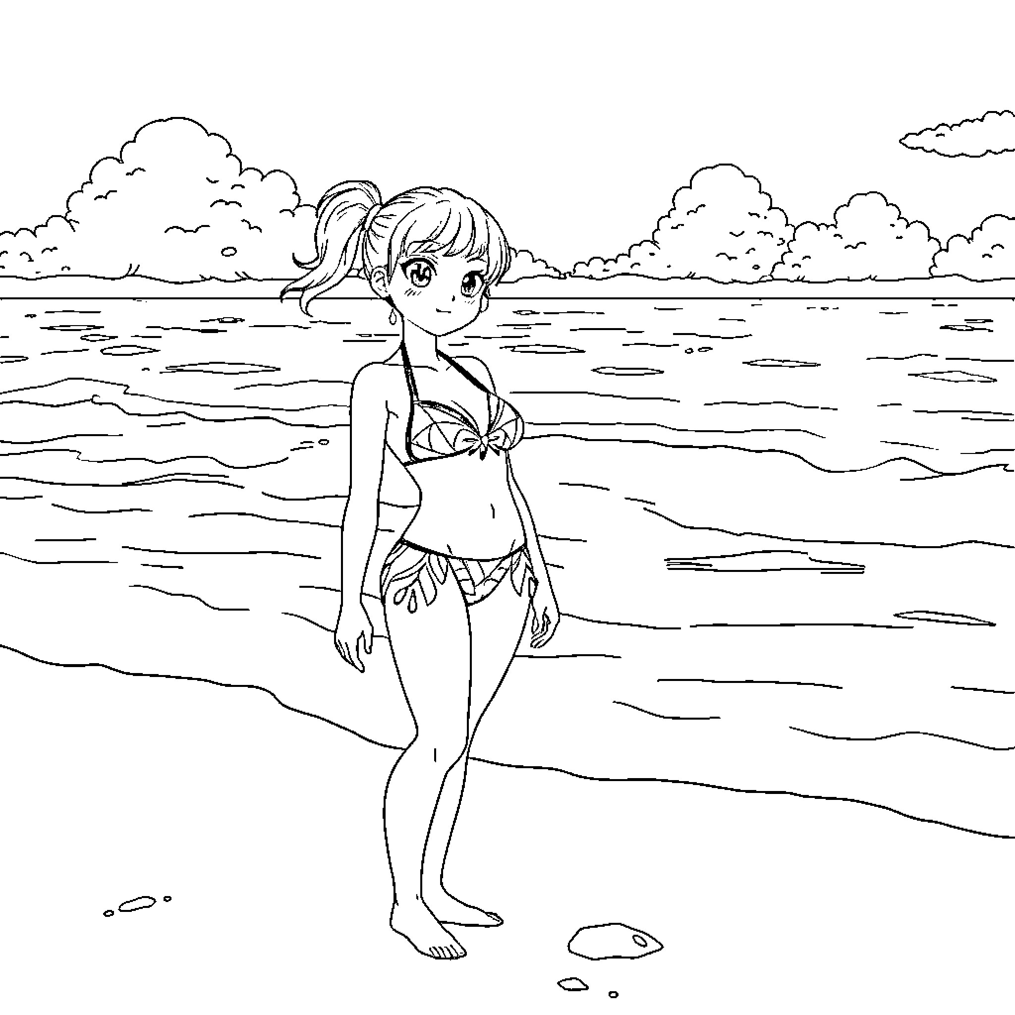 Anime Girl enjoying a day at the beach Coloring Page (free black-and-white line drawing printable PDF for all, from beginners to advanced learners, including children, teens, adults, and seniors)