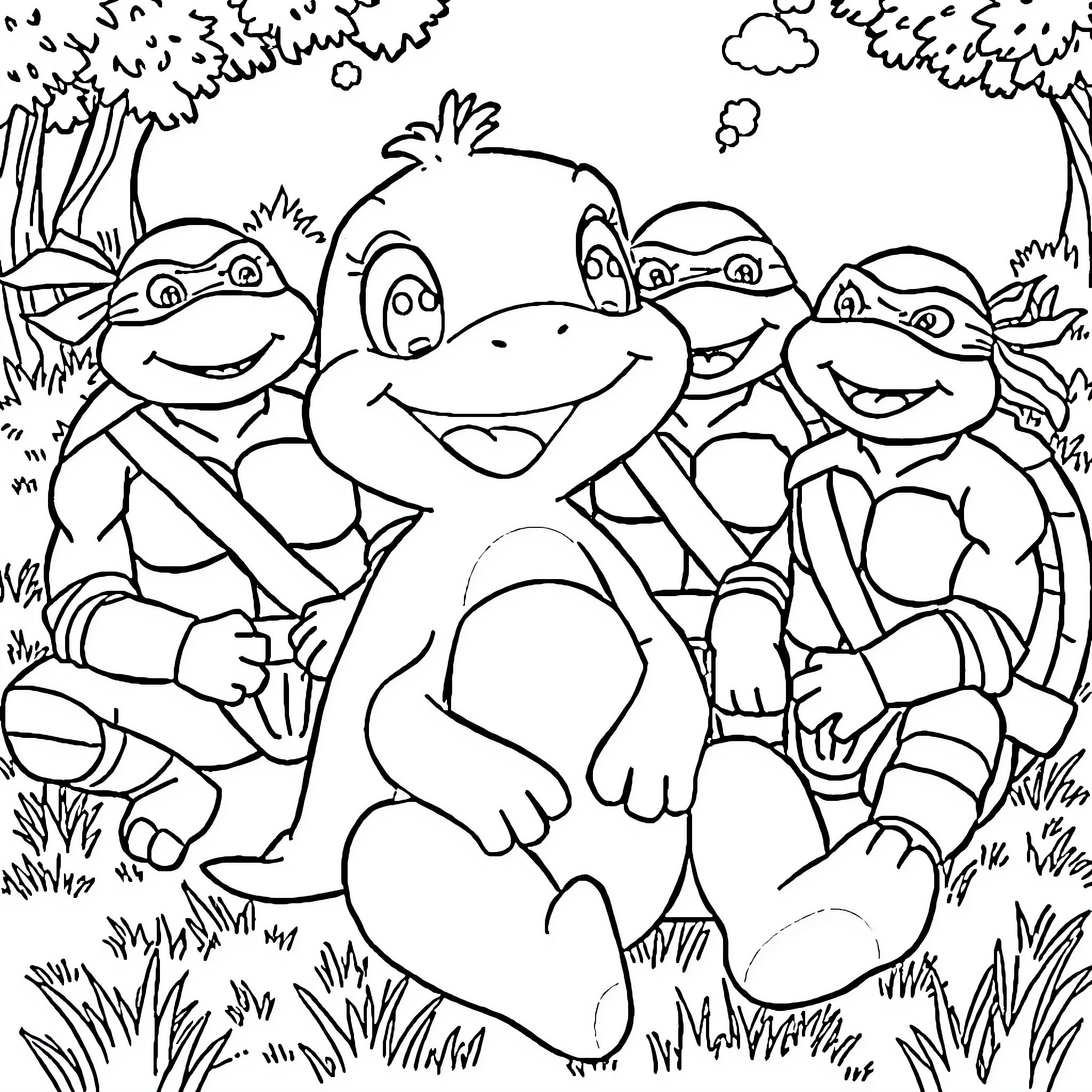 Bluey and Friends Enjoying Nature's Wonders Coloring Page (free black-and-white line drawing printable PDF for all, from beginners to advanced learners, including children, teens, adults, and seniors)