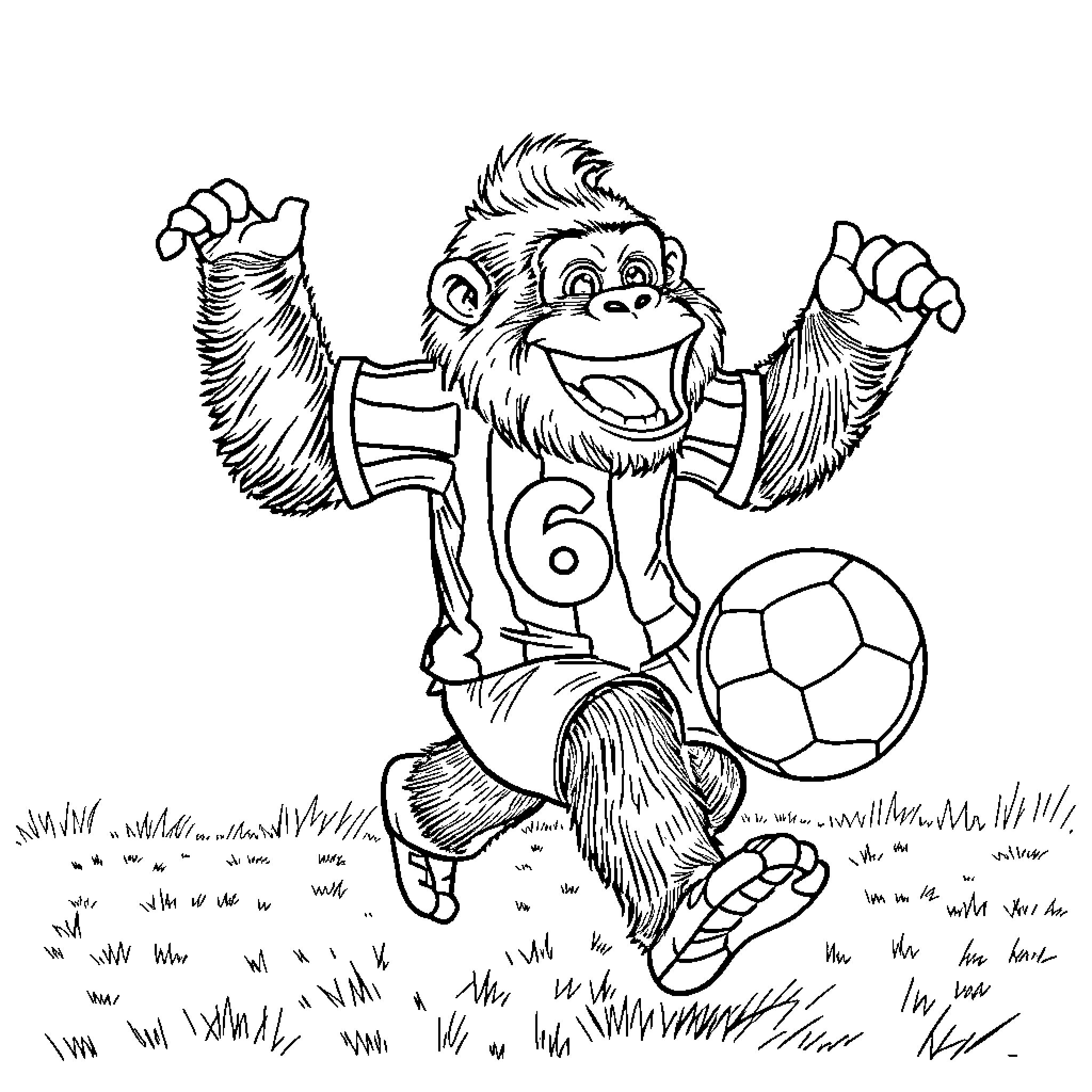 Orangutan playing soccer enthusiastically on the field Coloring Page (free black-and-white line drawing printable PDF for all, from beginners to advanced learners, including children, teens, adults, and seniors)