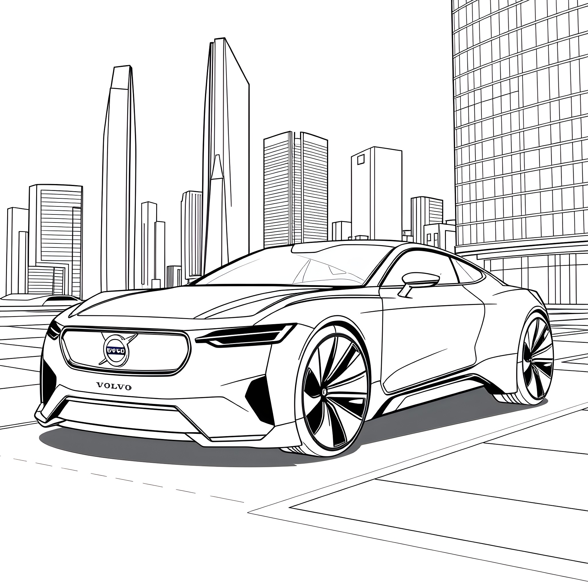 Volvo C70 electric sports car in a modern city Coloring Page (free black-and-white line drawing printable PDF for all, from beginners to advanced learners, including children, teens, adults, and seniors)