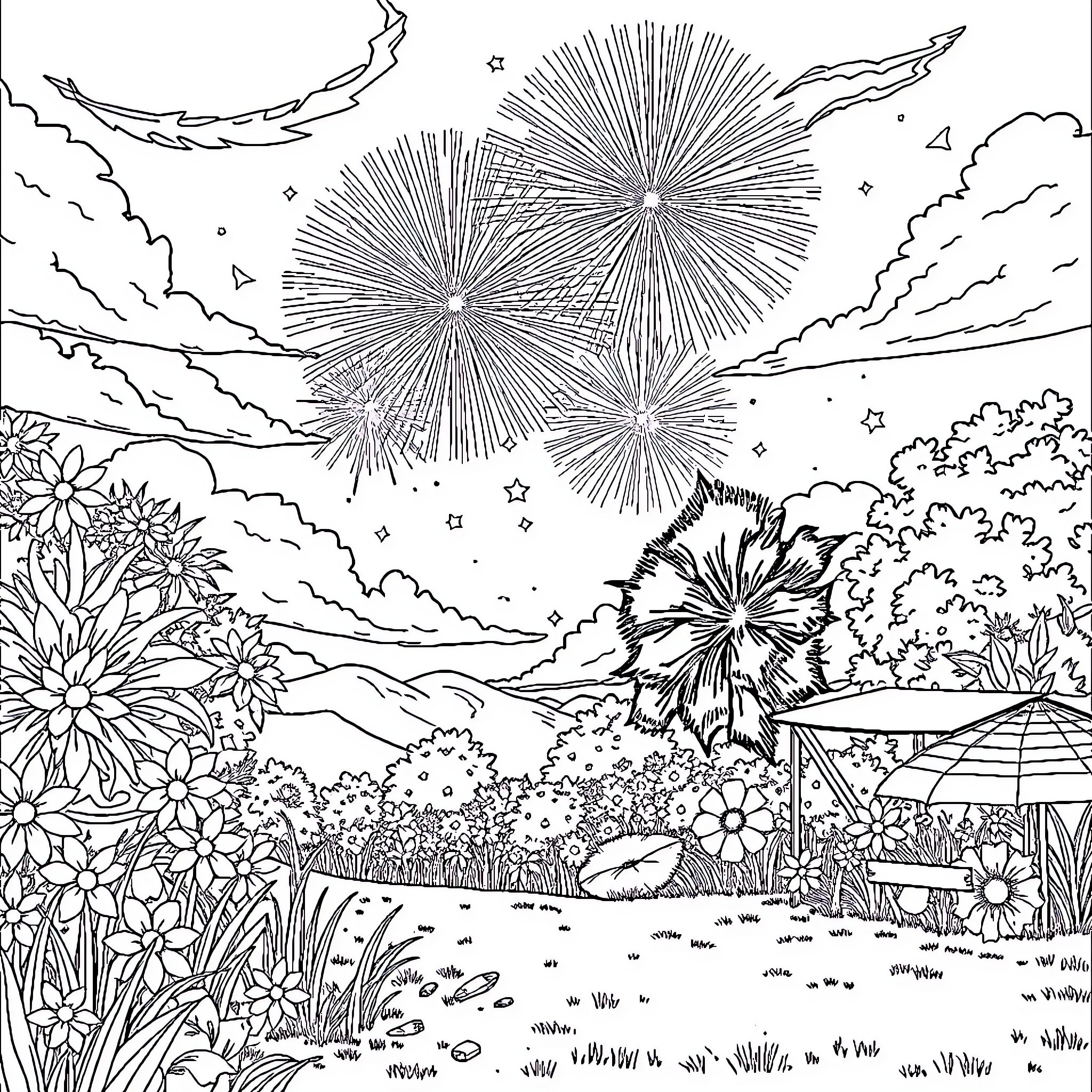Summer Fireworks Display over Floral Landscape Coloring Page (free black-and-white line drawing printable PDF for all, from beginners to advanced learners, including children, teens, adults, and seniors)